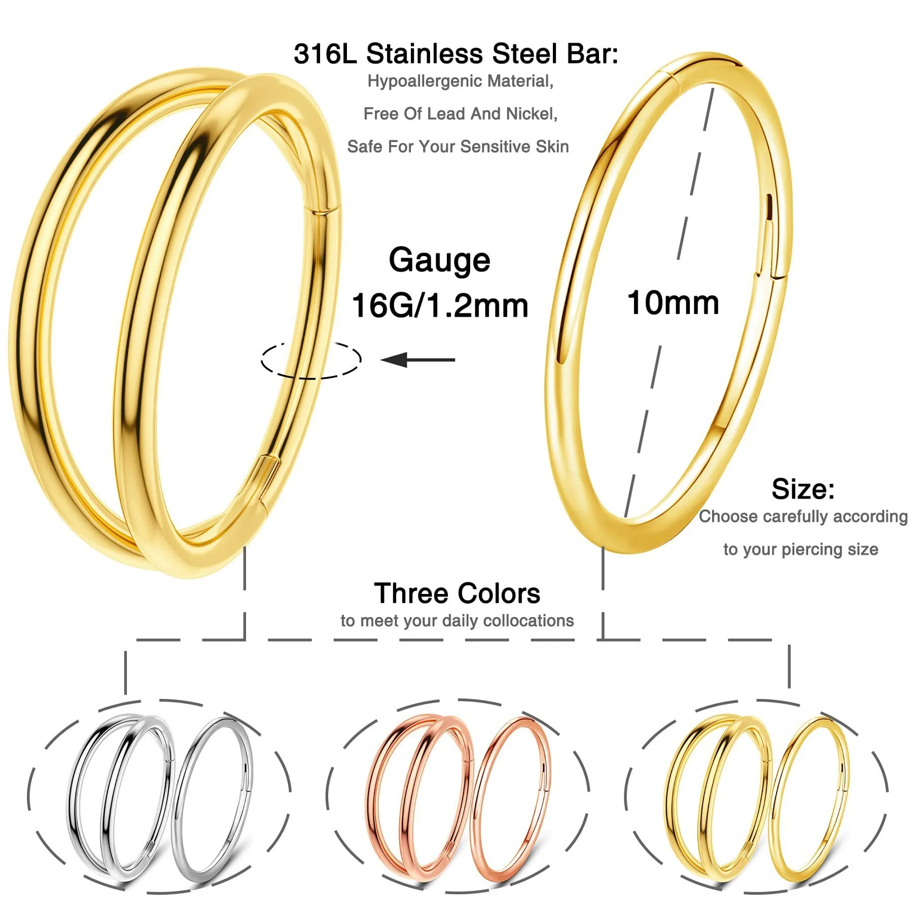 OUFER Piercing Helix Conch Hoop Ring Cartilagine Oro 16G 10mm Acciaio Chirurgico - immagine 8
