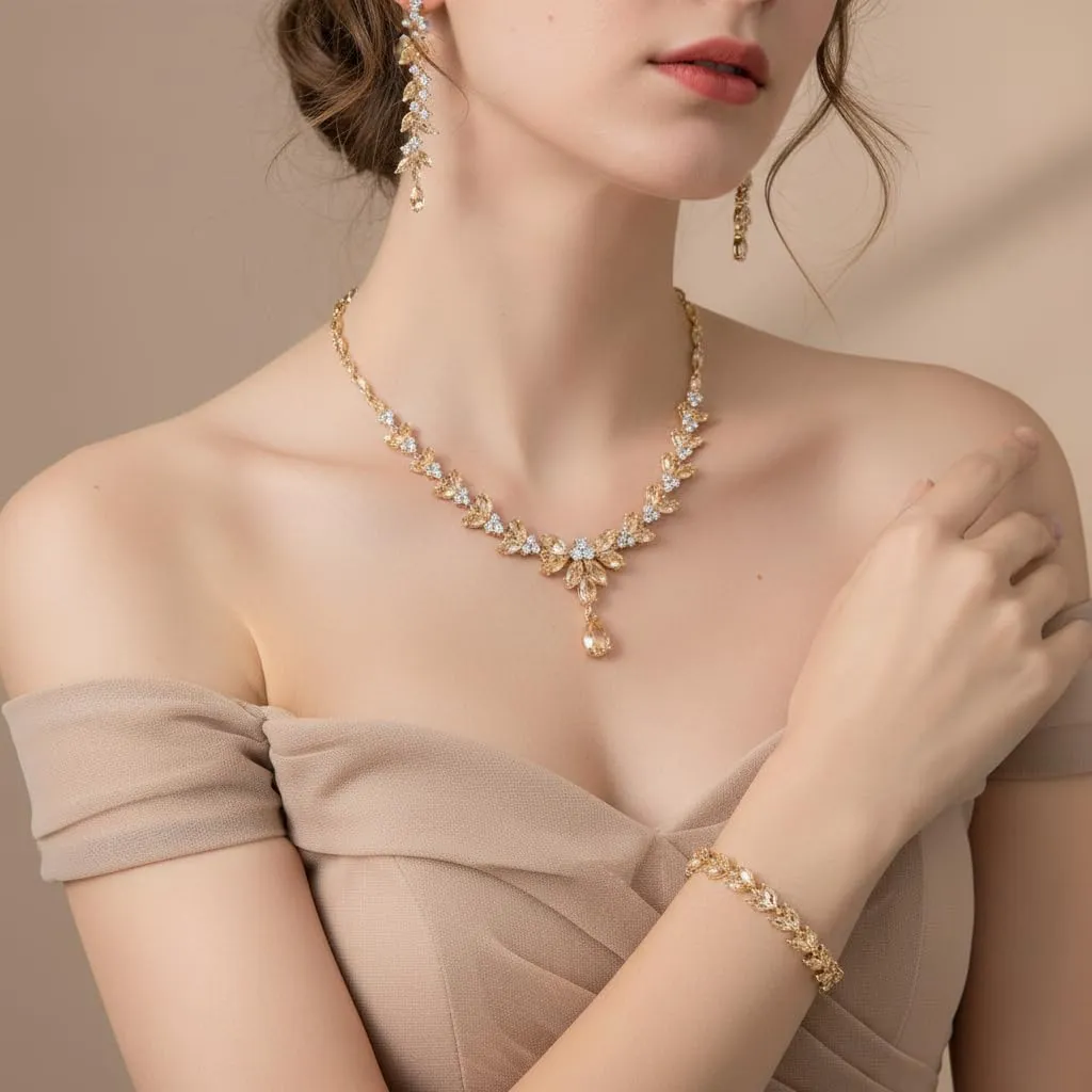 EVER FAITH Set di Gioielli in Cristallo Austriaco con Collana a Foglie, Orecchini Pendenti e Bracciale Tennis, Oro - immagine 2