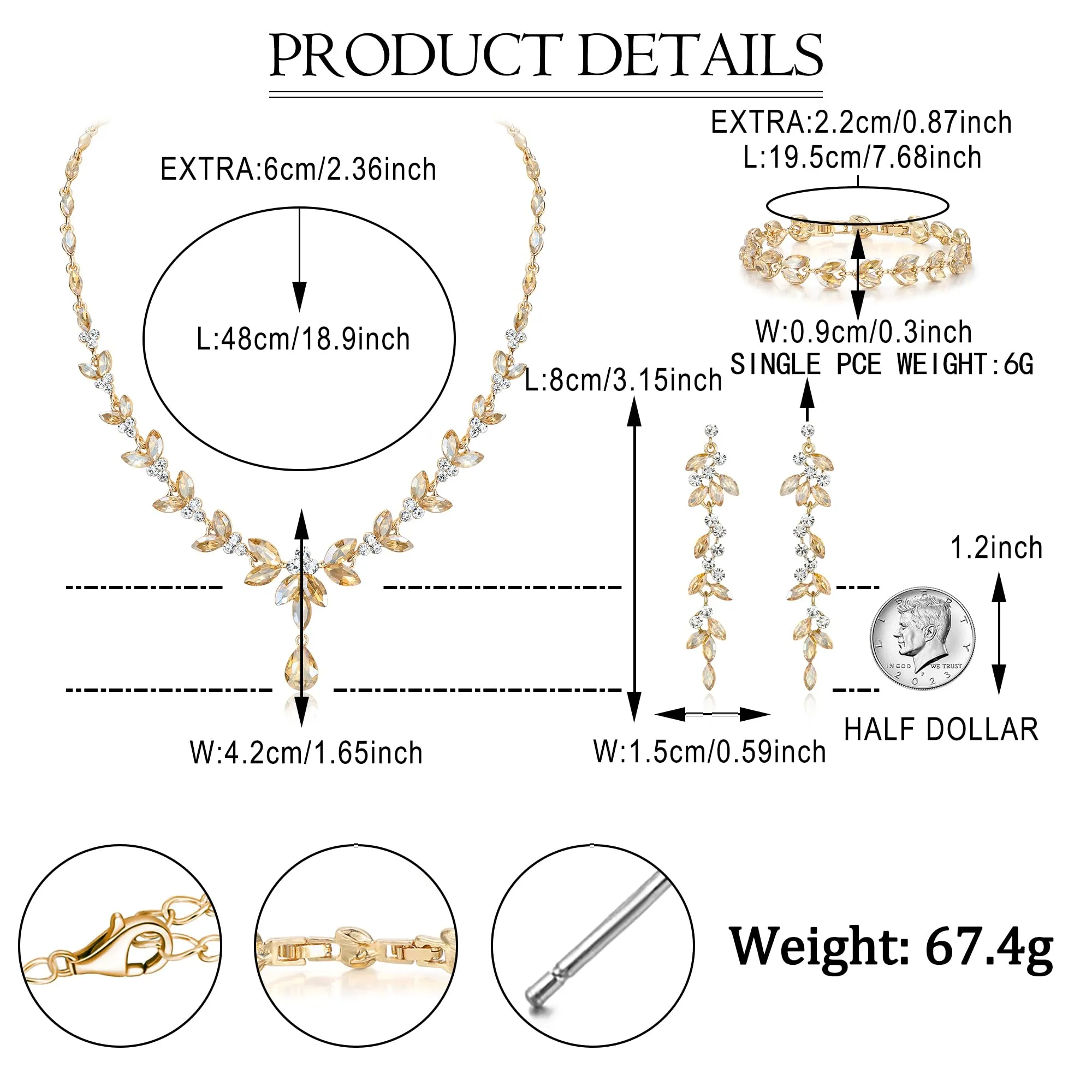 EVER FAITH Set di Gioielli in Cristallo Austriaco con Collana a Foglie, Orecchini Pendenti e Bracciale Tennis, Oro - immagine 4