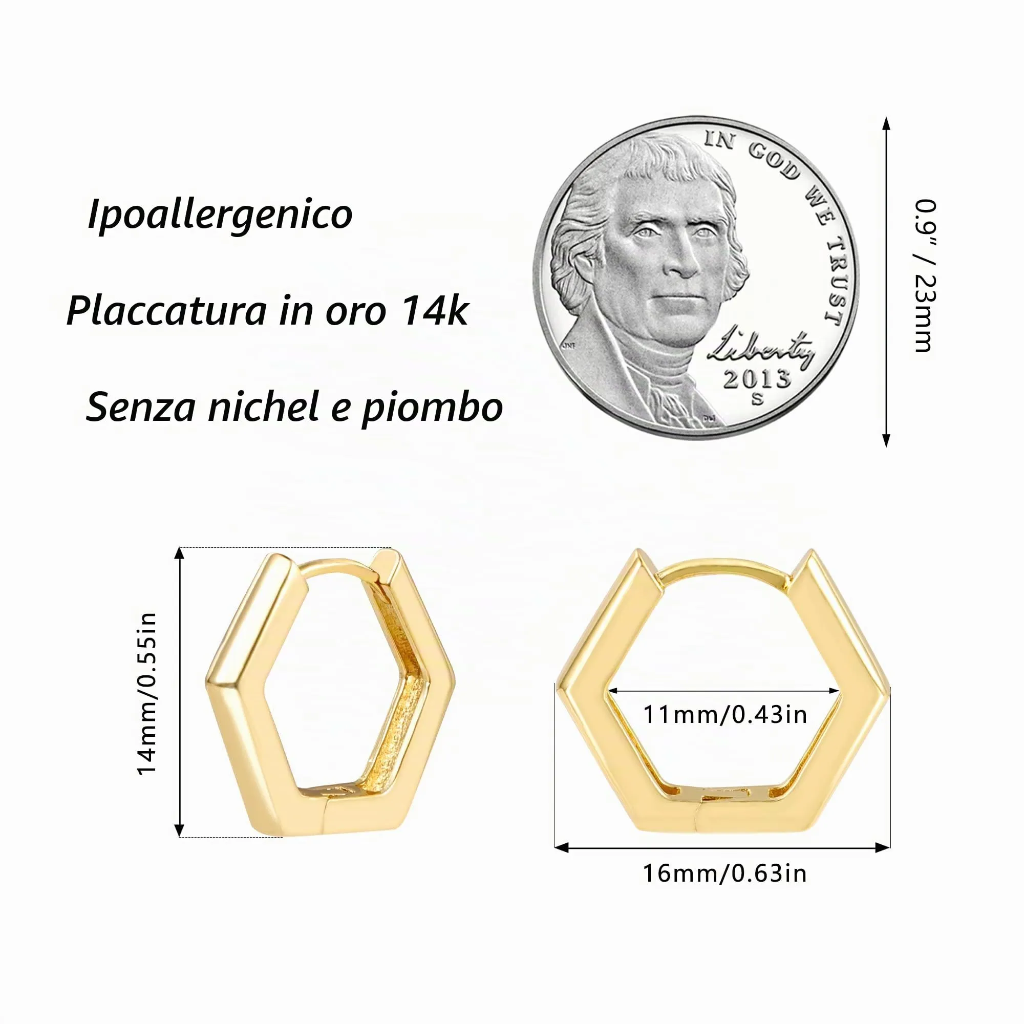 ALEXCRAFT Orecchini a Cerchio Pentagonali Dorati in Ottone Placcato Oro 14k SCEU111G - immagine 4
