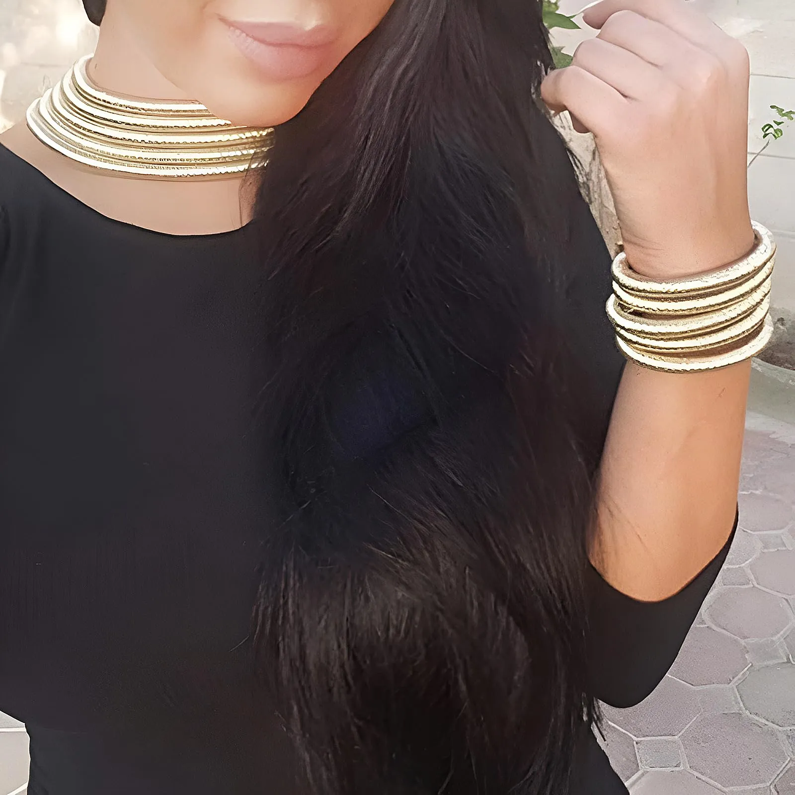 YJZQ Set di gioielli africani da donna, collana egiziana dorata e bracciali, Nylon, Taglia unica - immagine 7