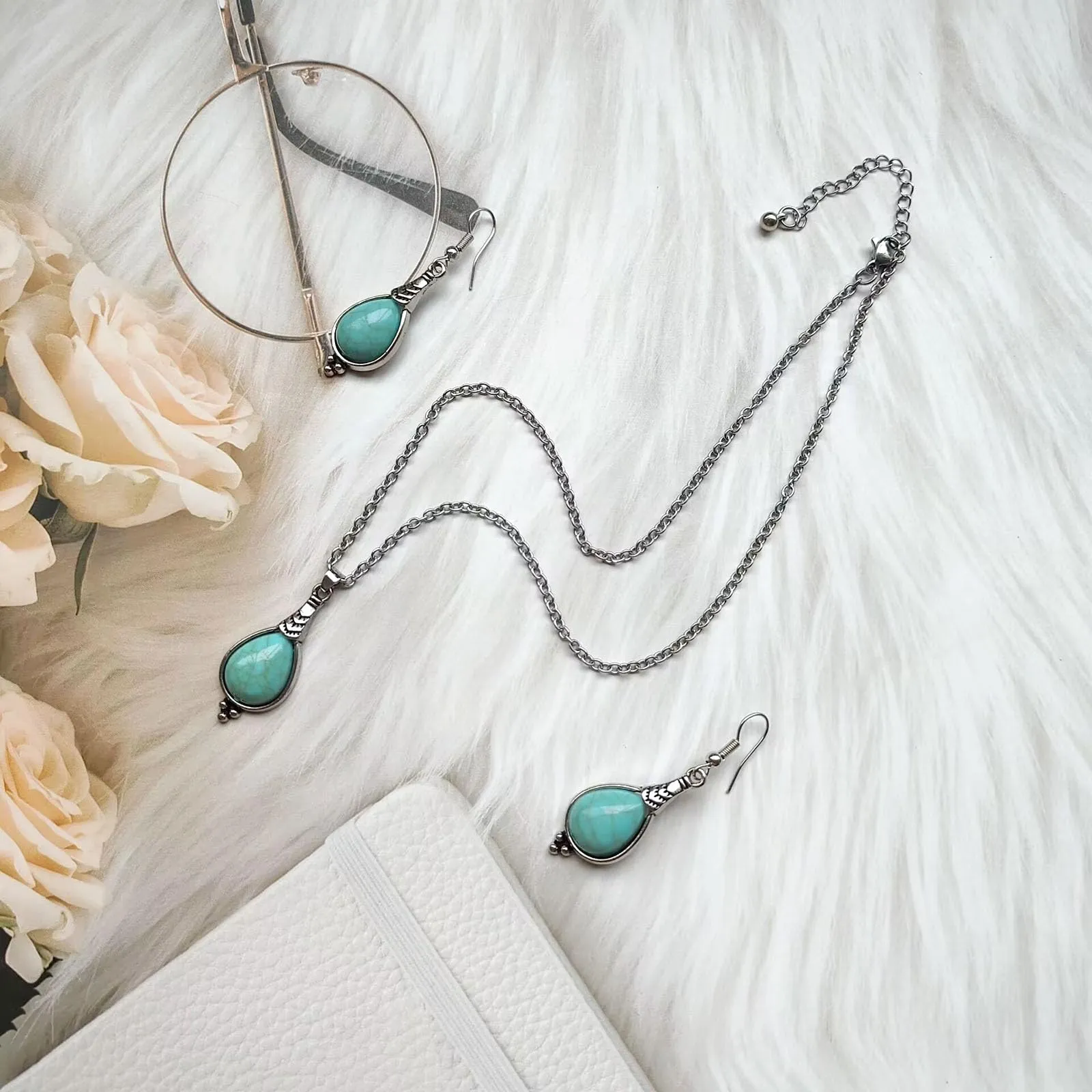 Dishowme Set di Gioielli Bohémien in Turchese con Collana e Orecchini, 3 Pezzi, Vintage - immagine 7