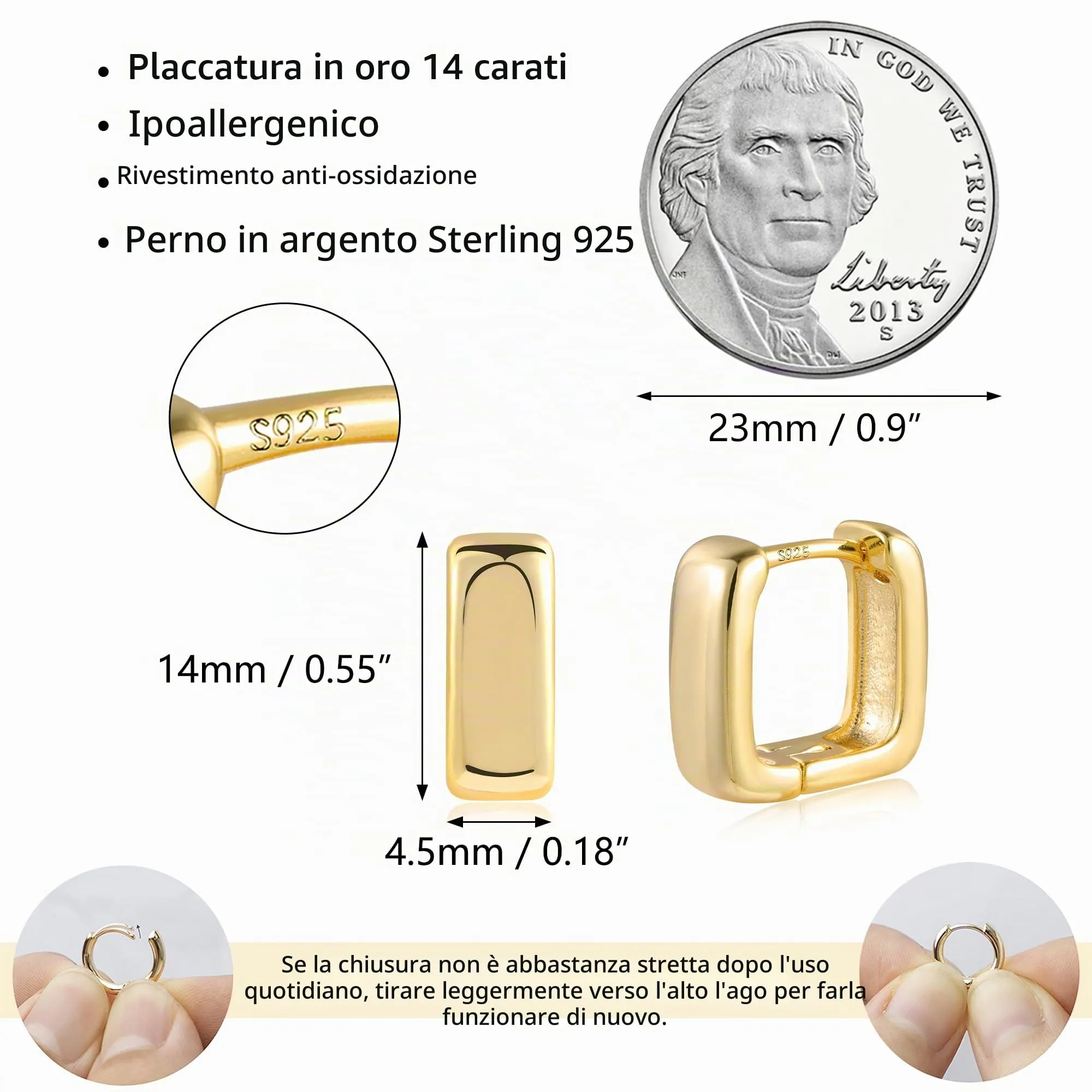 ALEXCRAFT Orecchini a Cerchio Quadrati Huggie in Oro 14k, 11 mm - immagine 7