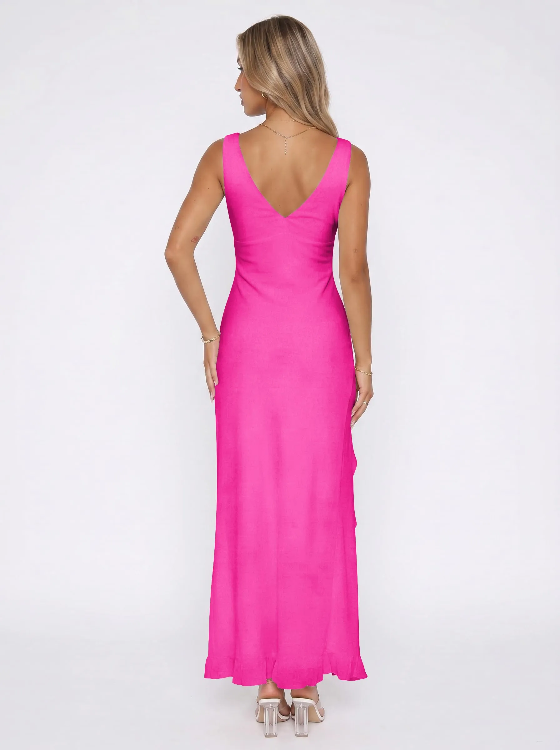 Xiaoliny Vestito Donna Elegante Senza Maniche Scollo a V Maxi Abito con Volant e Spacco in Rete - immagine 5