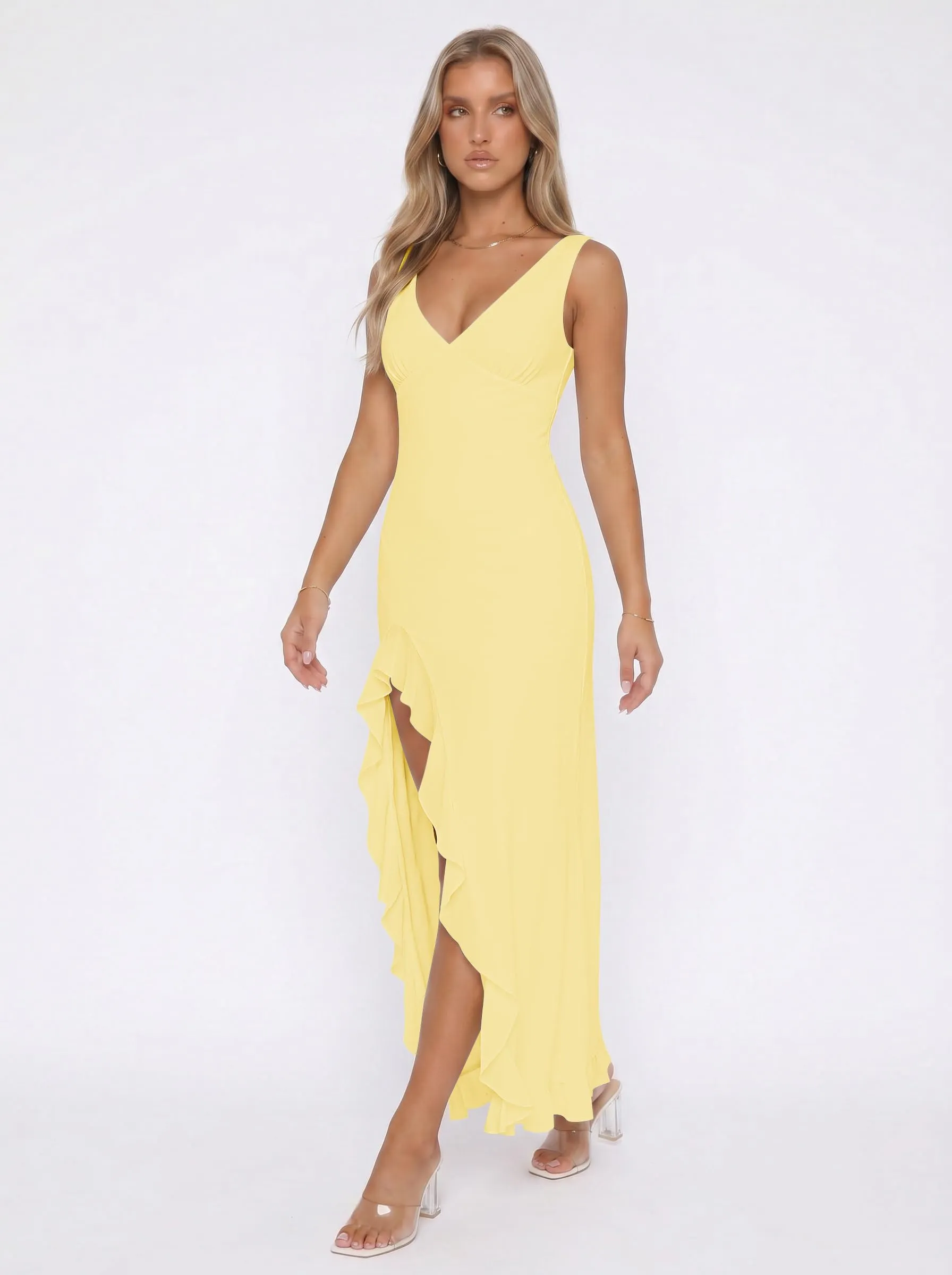 Xiaoliny Vestito Donna Elegante Senza Maniche Scollo a V Maxi Abito con Volant e Spacco in Rete Schiena Scoperta - immagine 4