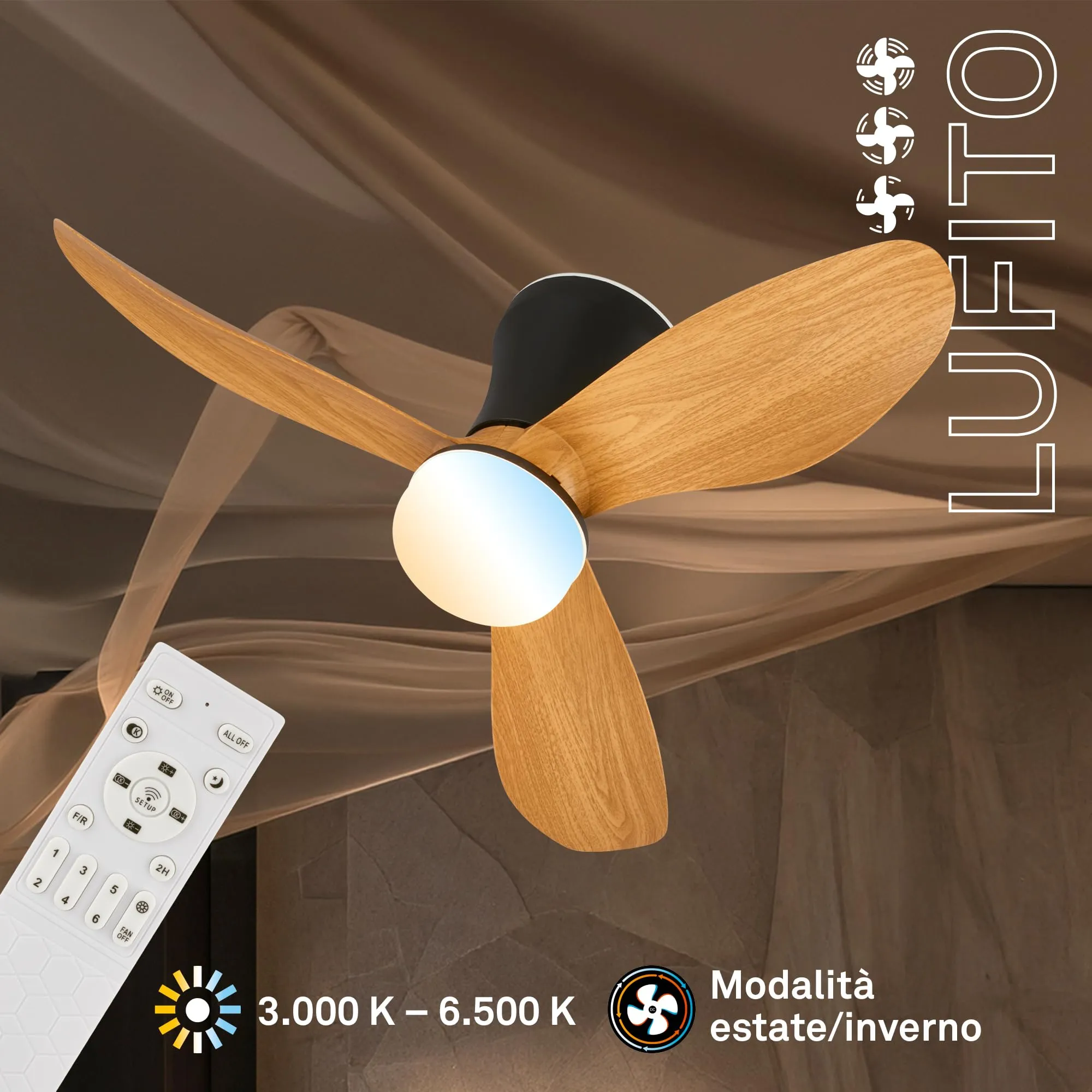 Briloner Ventilatore da soffitto con luce LED, motore DC, telecomando, 78cm, nero e legno - immagine 2