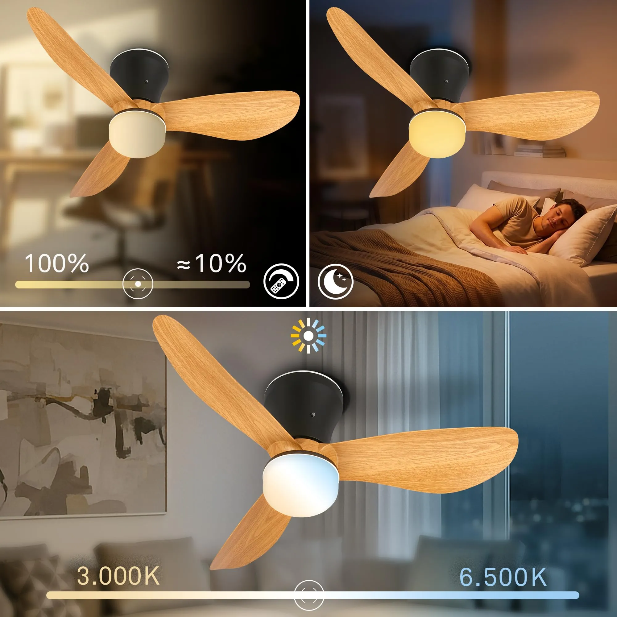 Briloner Ventilatore da soffitto con luce LED, motore DC, telecomando, 78cm, nero e legno - immagine 4