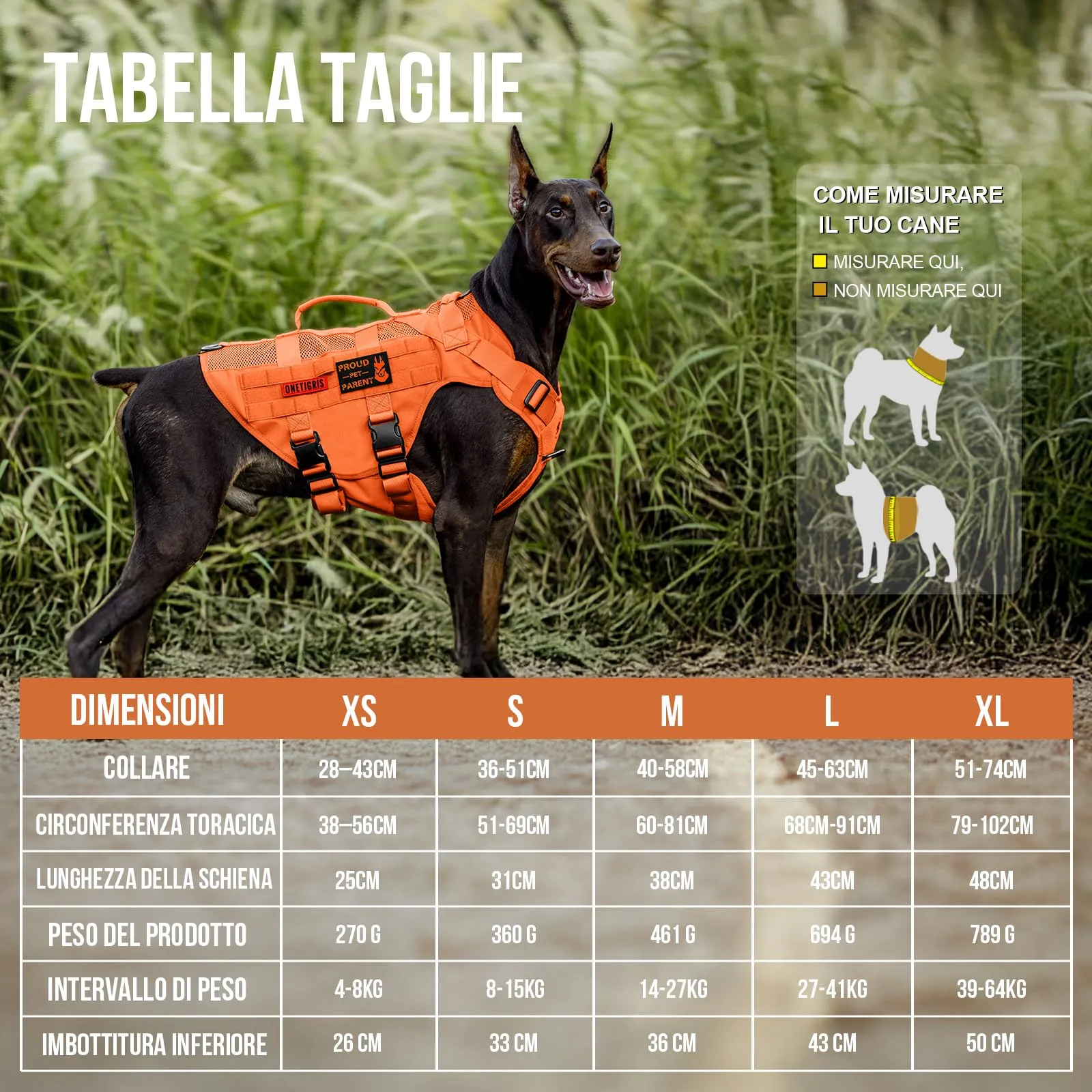 OneTigris Pettorina Tattica per Cani con Mesh Traspirante, Tasche Molle e Manico, Taglia L, Arancione - immagine 2