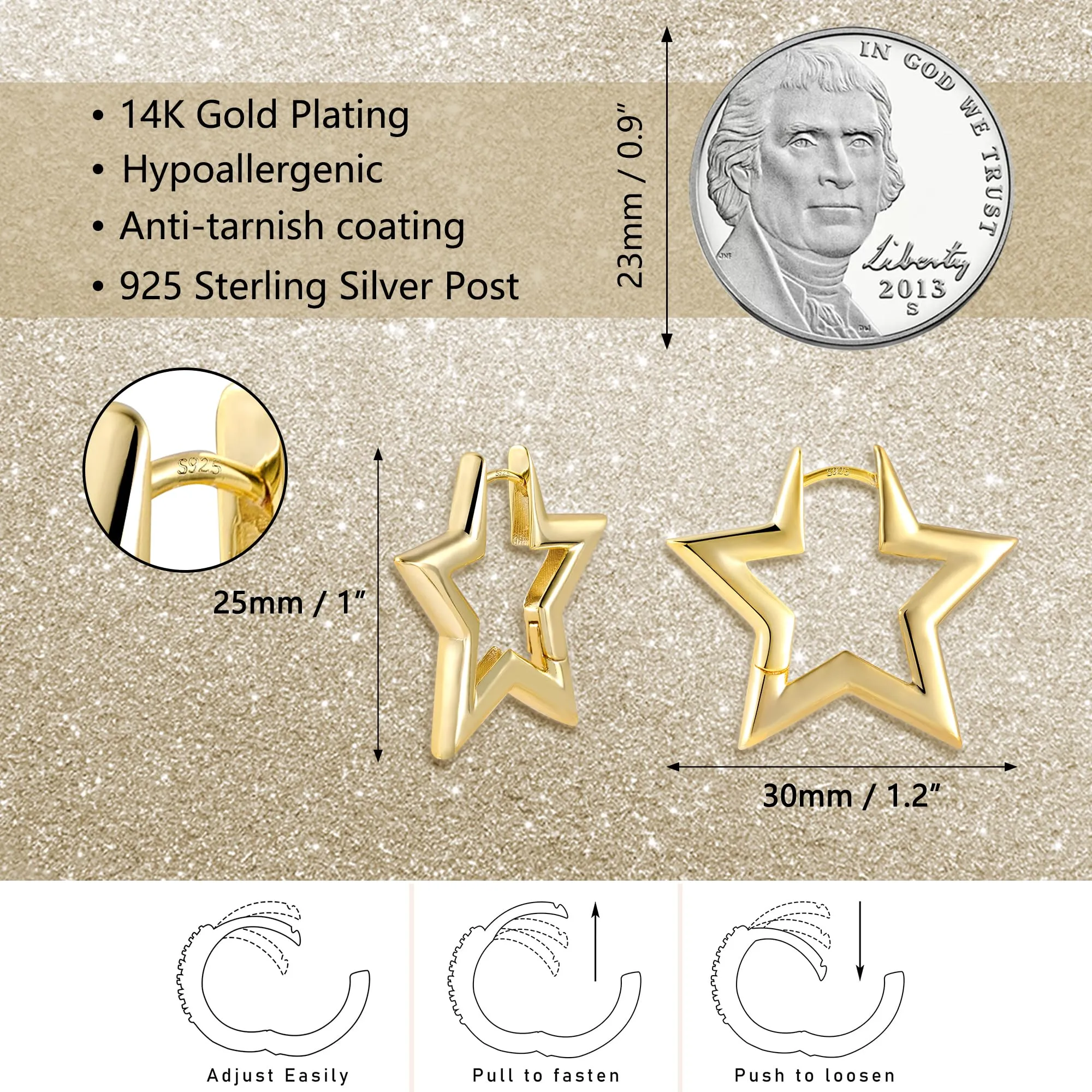 ALEXCRAFT Orecchini a Forma di Stella Placcati Oro 14K SCEU186G - immagine 6