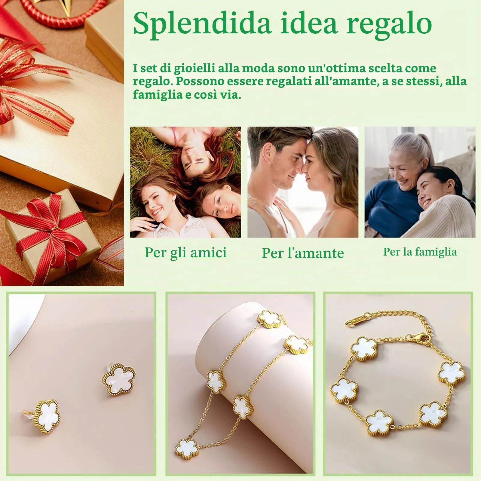 JYIXXZX Set di Gioielli Quadrifoglio da Donna in Acciaio Inossidabile Placcato Oro 18K con Collana, Orecchini e Bracciale (Bianco) - immagine 6