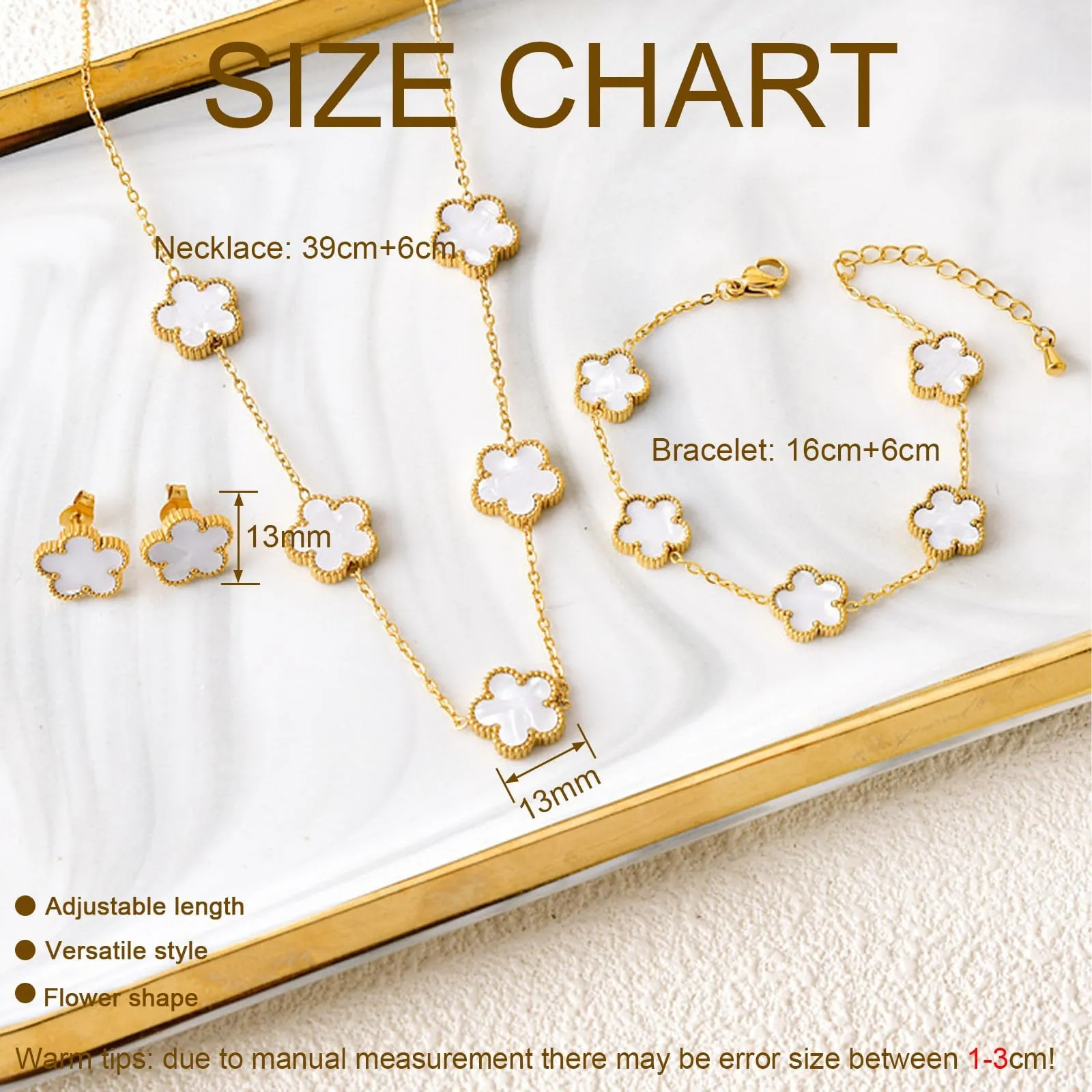 JYIXXZX Set di Gioielli Quadrifoglio da Donna in Acciaio Inossidabile Placcato Oro 18K con Collana, Orecchini e Bracciale (Bianco) - immagine 7