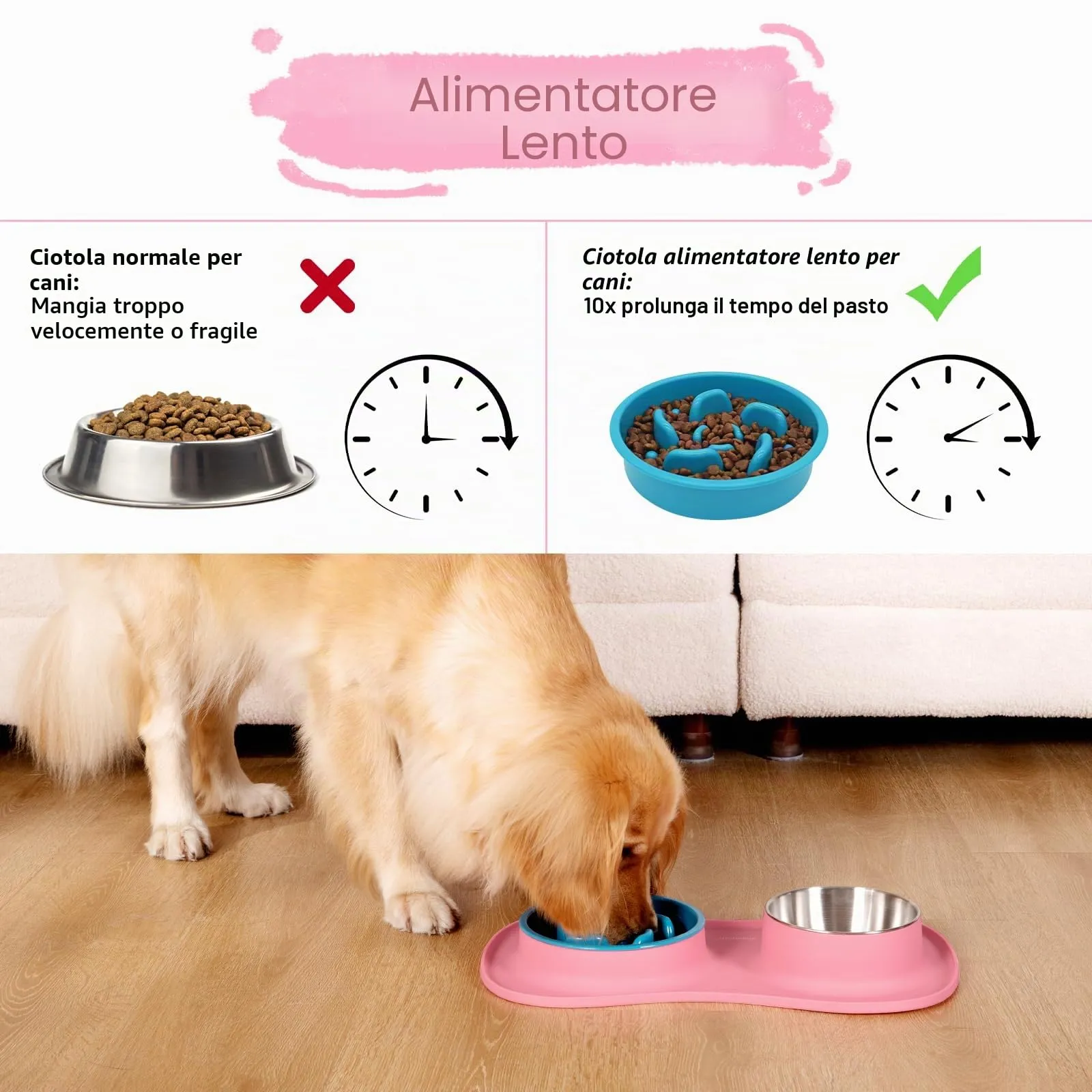 MateeyLife Set Ciotole per Cani e Gatti 3 in 1 in Acciaio Inossidabile con Tappetino in Silicone e Ciotola Anti-Ingozzamento, 43.7 × 25.9 cm - immagine 2