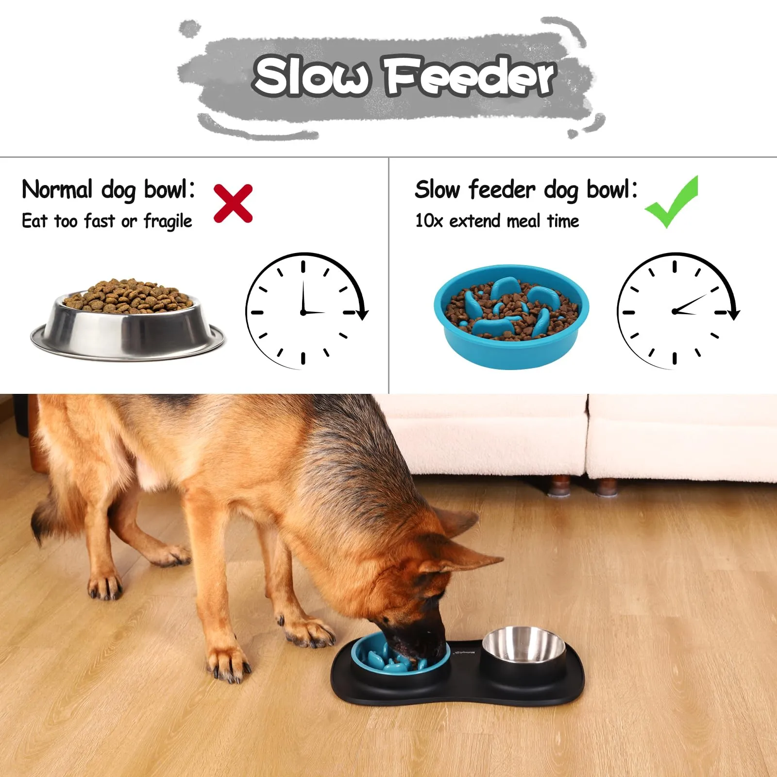 MateeyLife Set Ciotole per Cani e Gatti 3 in 1 in Acciaio Inossidabile con Tappetino in Silicone, 51.5 × 30.7 cm - immagine 2