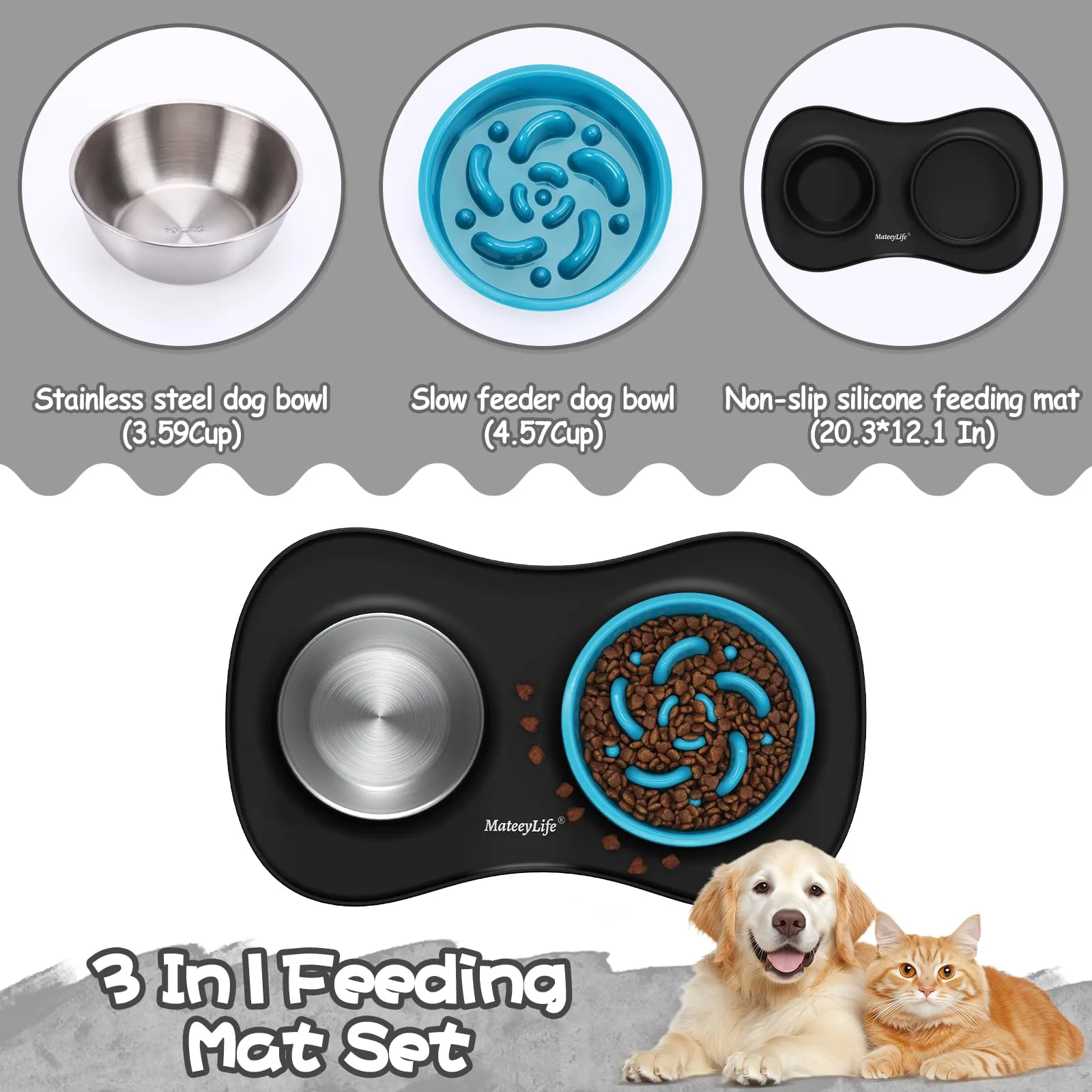 MateeyLife Set Ciotole per Cani e Gatti 3 in 1 in Acciaio Inossidabile con Tappetino in Silicone, 51.5 × 30.7 cm - immagine 7
