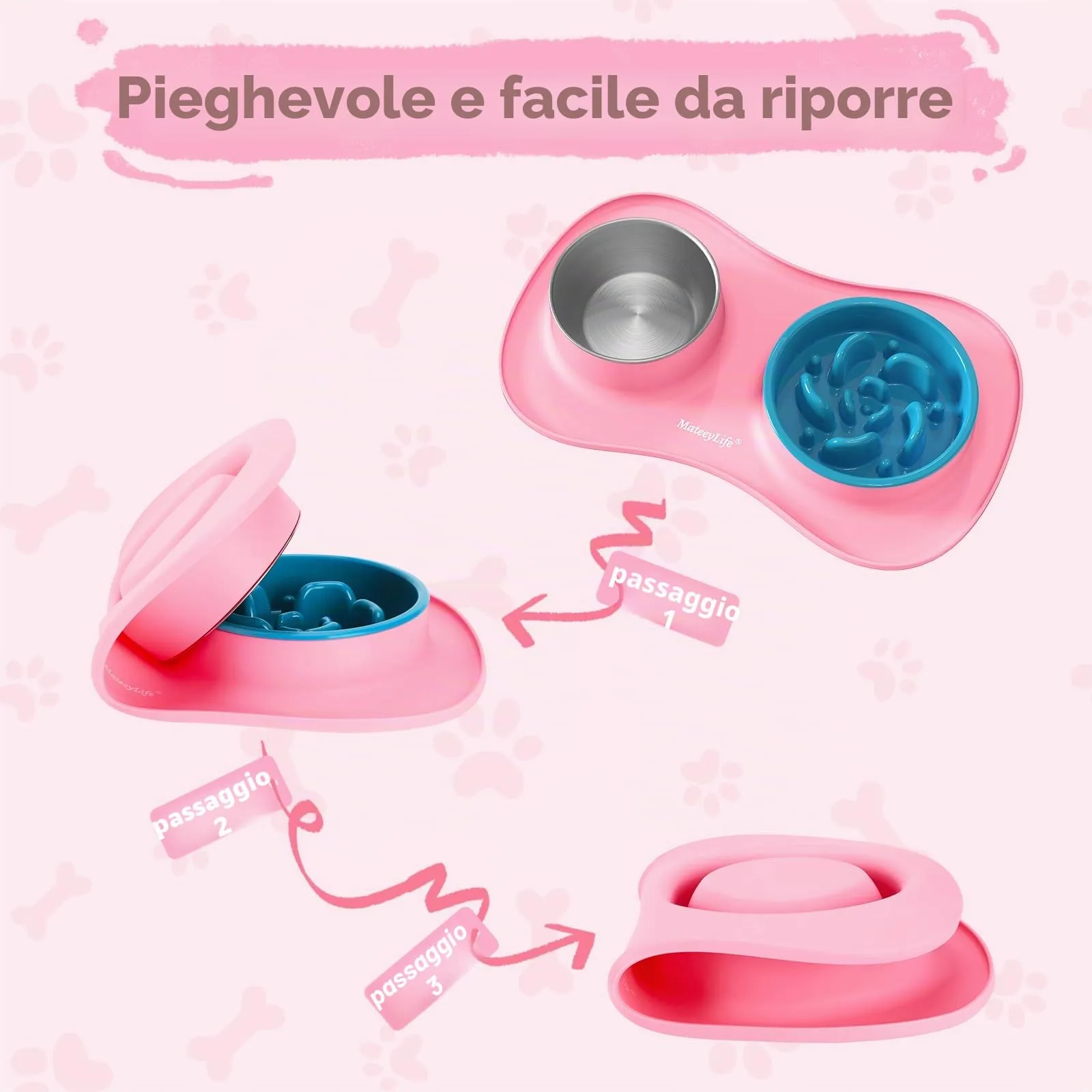 MateeyLife Set Ciotole 3 in 1 per Cani e Gatti in Acciaio Inossidabile con Ciotola Anti-Ingozzamento e Tappetino in Silicone, 51.5 × 30.7 cm - immagine 5
