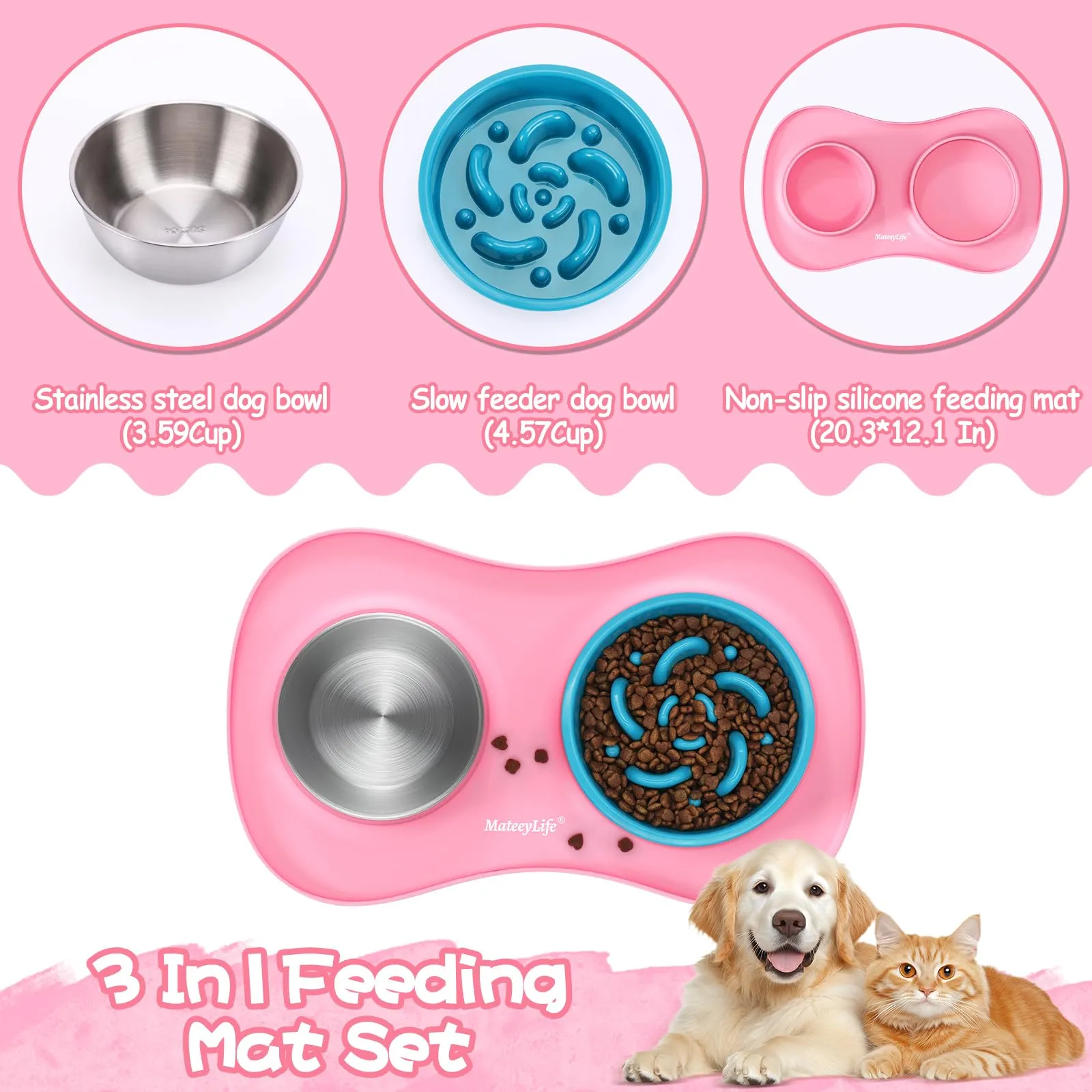MateeyLife Set Ciotole 3 in 1 per Cani e Gatti in Acciaio Inossidabile con Ciotola Anti-Ingozzamento e Tappetino in Silicone, 51.5 × 30.7 cm - immagine 7