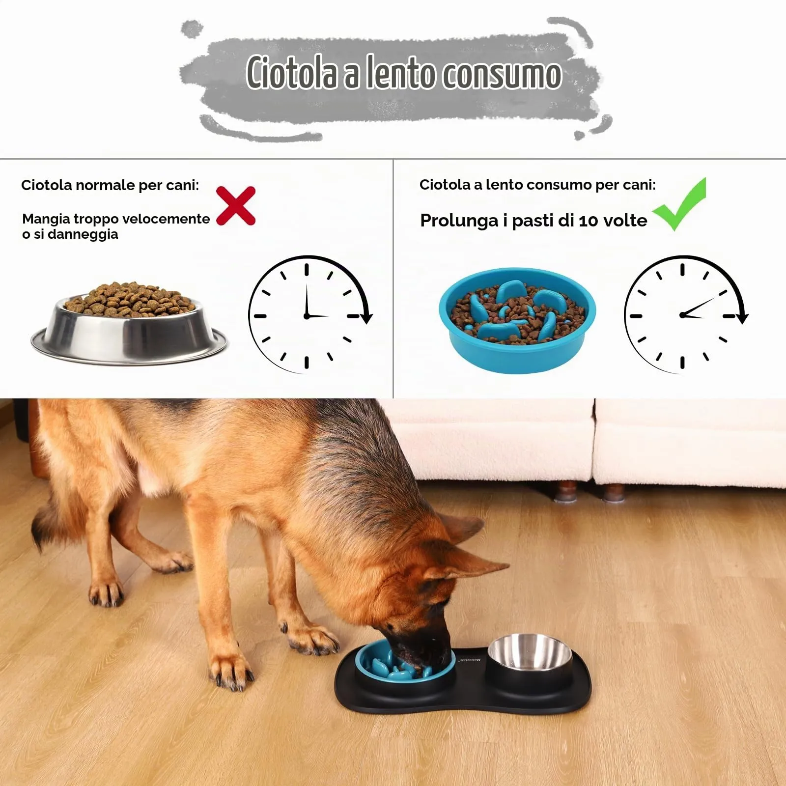 MateeyLife Set Ciotole 3 in 1 per Cani e Gatti in Acciaio Inossidabile con Ciotola Anti-Ingozzamento e Tappetino in Silicone, 43.7 × 25.9 cm - immagine 2
