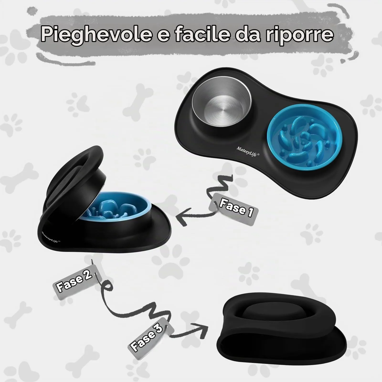 MateeyLife Set Ciotole 3 in 1 per Cani e Gatti in Acciaio Inossidabile con Ciotola Anti-Ingozzamento e Tappetino in Silicone, 43.7 × 25.9 cm - immagine 5
