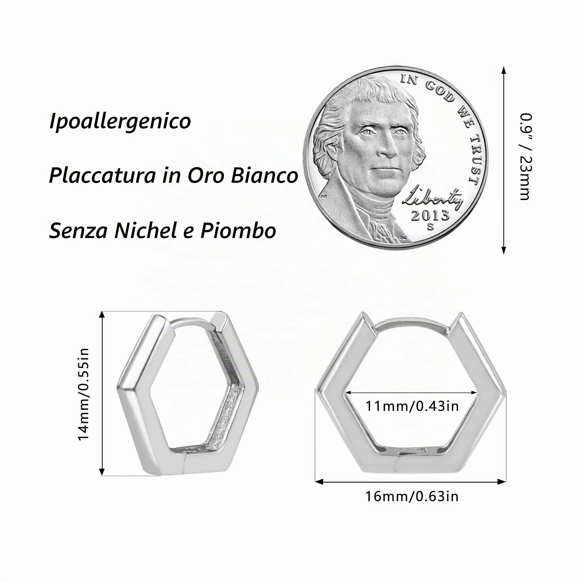 ALEXCRAFT Orecchini a Cerchio Esagonali Argentati Design Geometrico Donna SCEU111WG - immagine 4