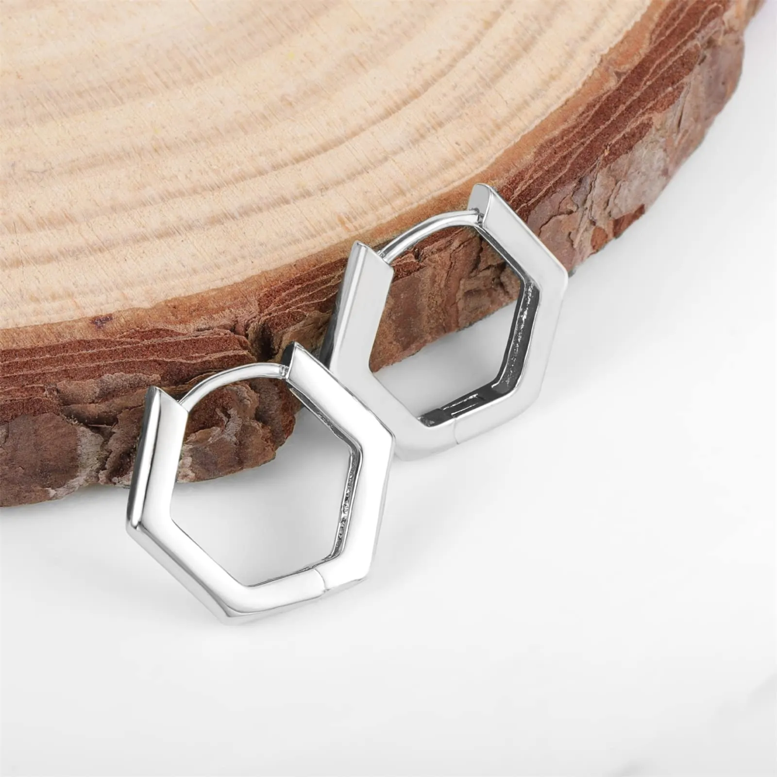 ALEXCRAFT Orecchini a Cerchio Esagonali Argentati Design Geometrico Donna SCEU111WG - immagine 6