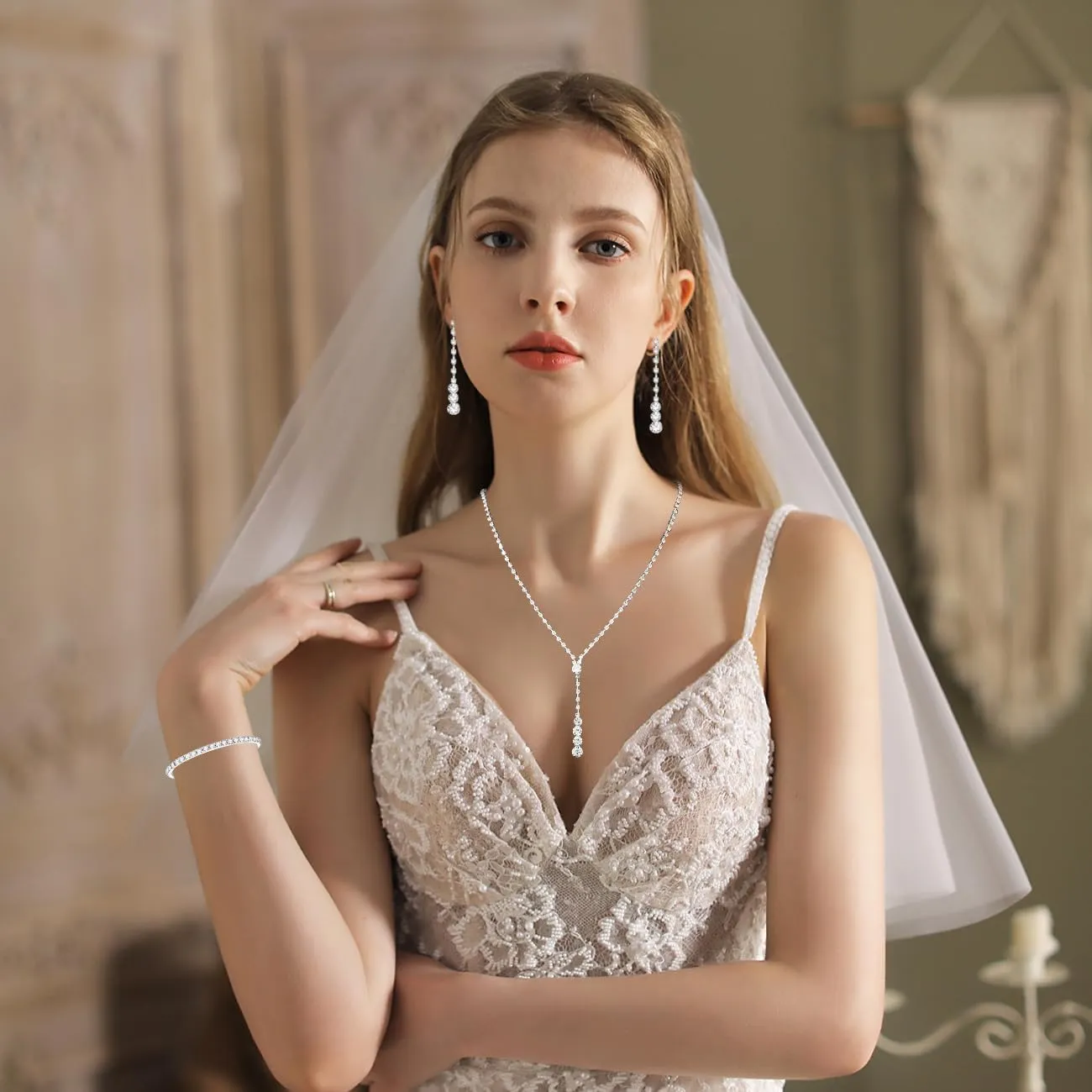 TOEECY Set Gioielli Sposa con Zirconia, Collana Orecchini e Bracciale, Argento - immagine 6