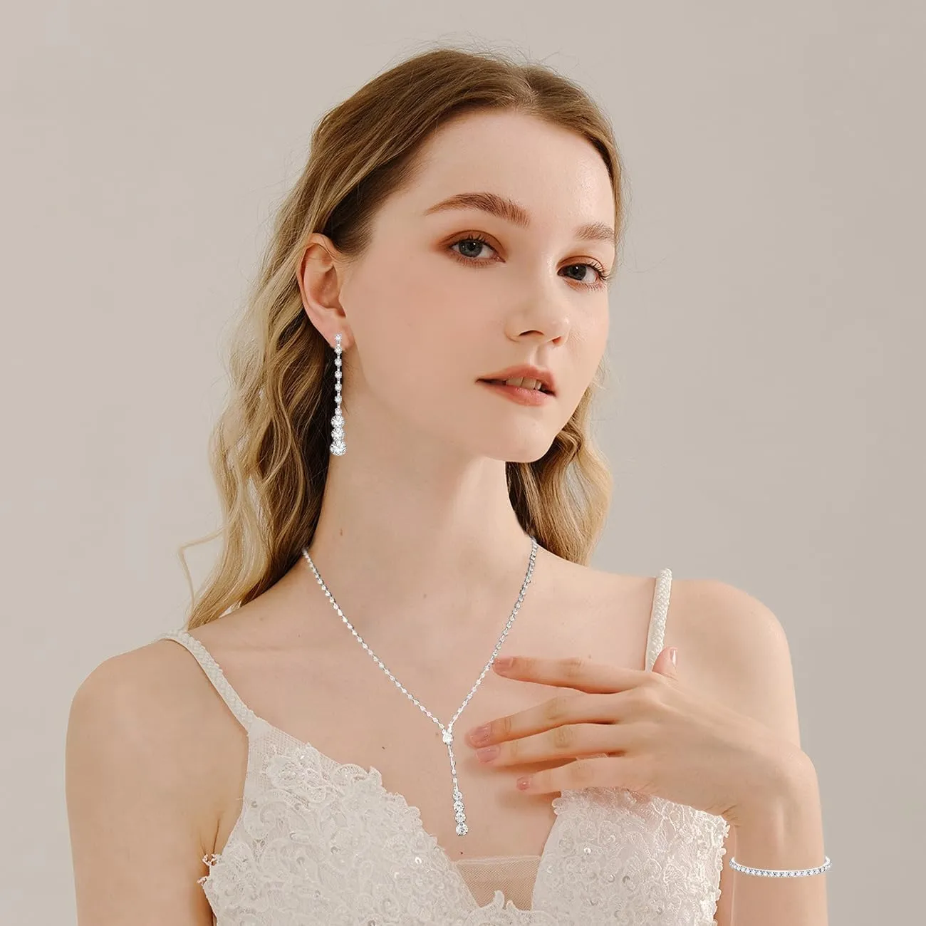TOEECY Set Gioielli Sposa con Zirconia, Collana Orecchini e Bracciale, Argento - immagine 7