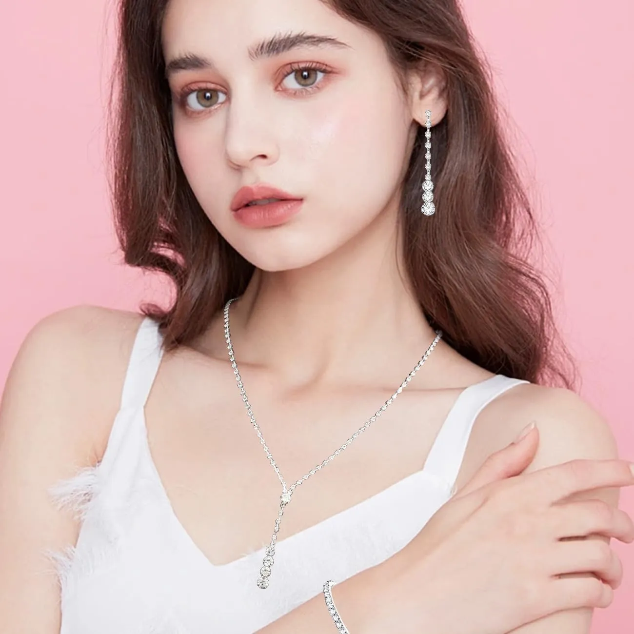 TOEECY Set Gioielli Sposa con Zirconia, Collana Orecchini e Bracciale, Argento - immagine 8