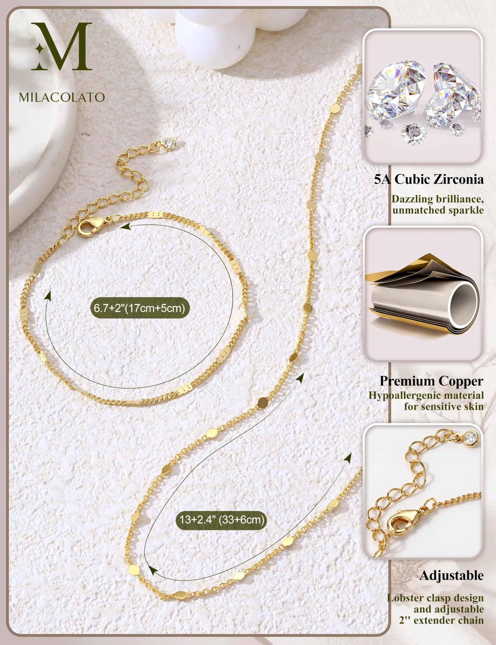 Milacolato Parure Gioielli da Donna con Collana e Bracciale Regolabili, Color Oro - immagine 5