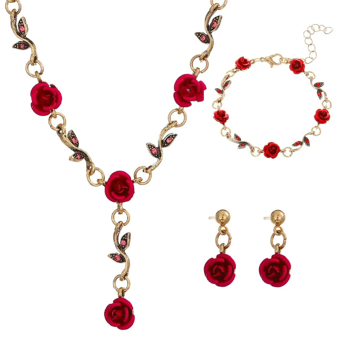 ZAMXHUG Set di Gioielli per Donna con Rosa Rossa, Collana, Braccialetto e Orecchini con Foglie di Vite Floreale - immagine 1