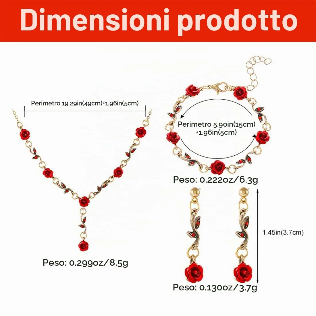 ZAMXHUG Set di Gioielli per Donna con Rosa Rossa, Collana, Braccialetto e Orecchini con Foglie di Vite Floreale - immagine 2