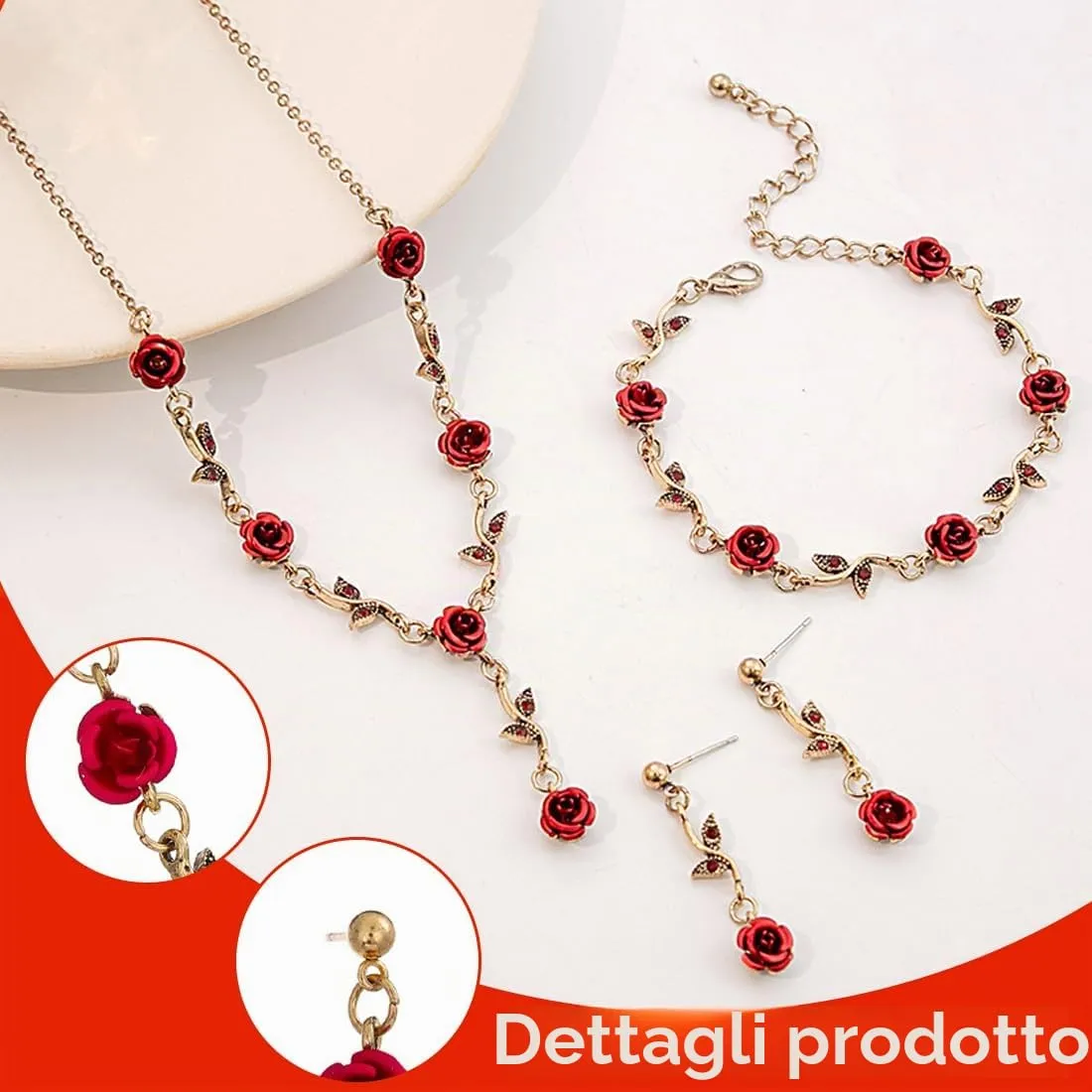 ZAMXHUG Set di Gioielli per Donna con Rosa Rossa, Collana, Braccialetto e Orecchini con Foglie di Vite Floreale - immagine 3