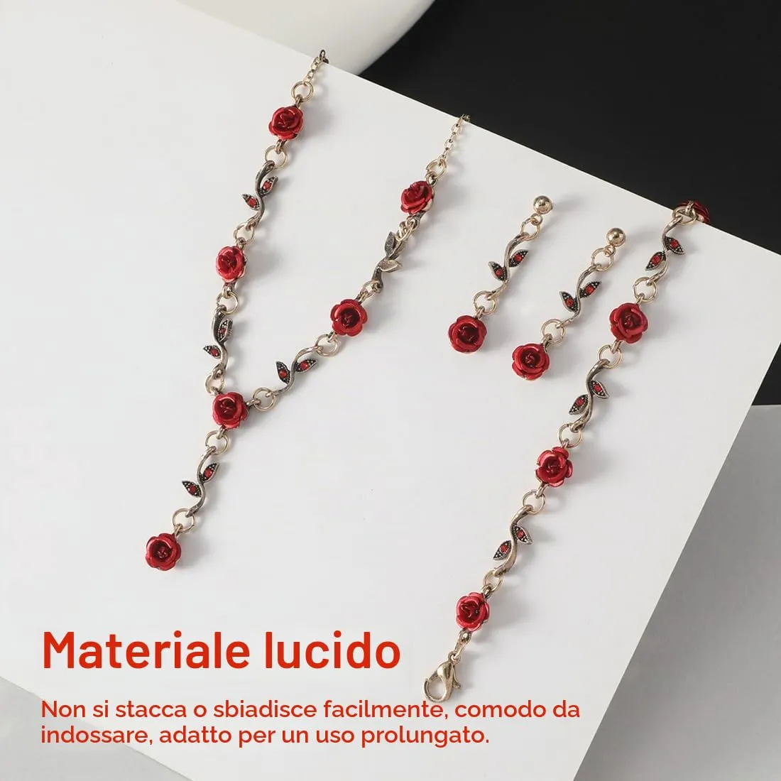 ZAMXHUG Set di Gioielli per Donna con Rosa Rossa, Collana, Braccialetto e Orecchini con Foglie di Vite Floreale - immagine 4