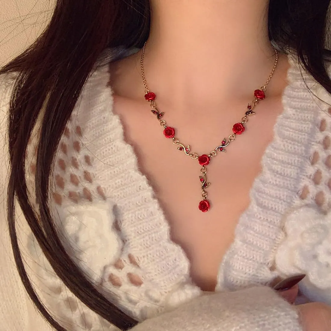 ZAMXHUG Set di Gioielli per Donna con Rosa Rossa, Collana, Braccialetto e Orecchini con Foglie di Vite Floreale - immagine 5