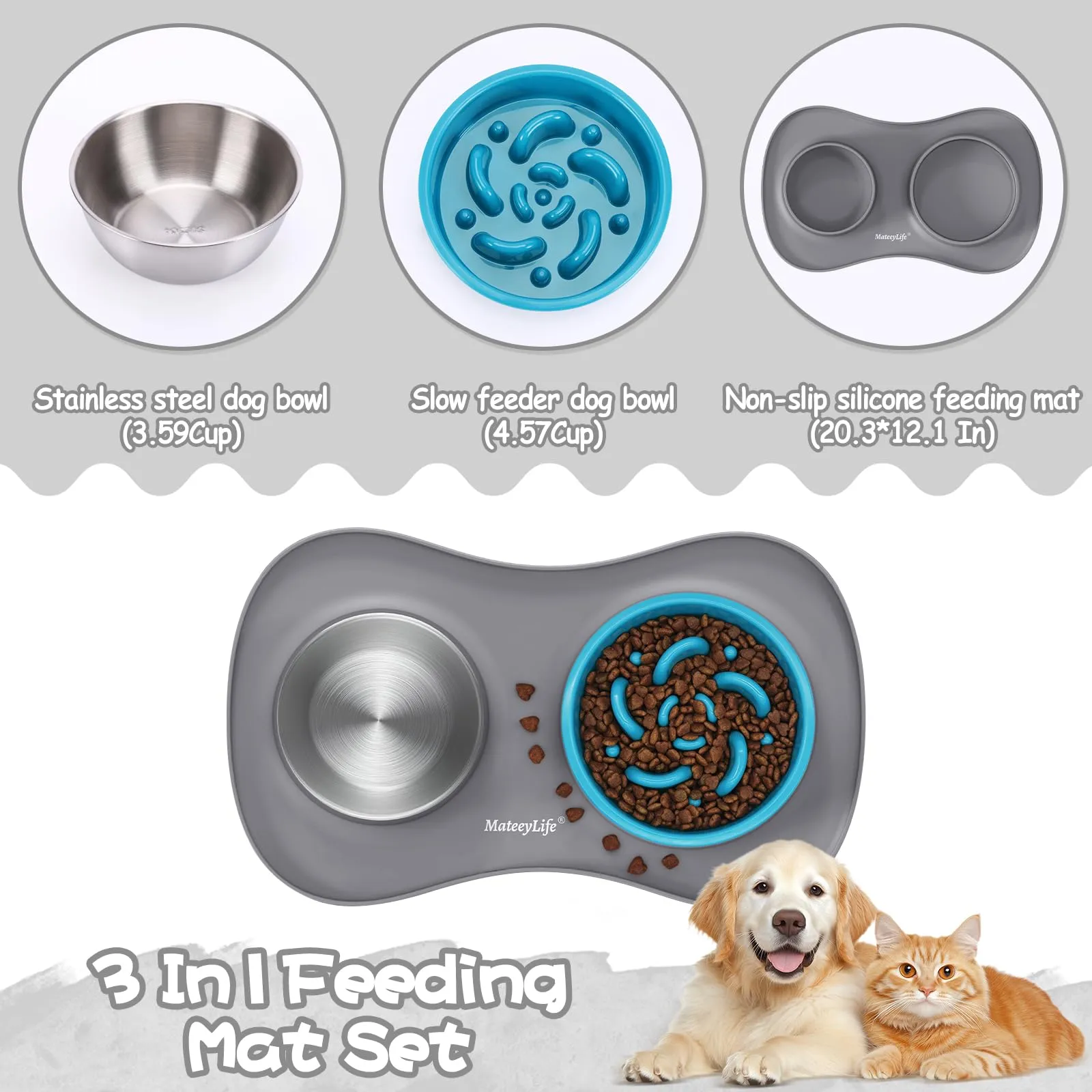 MateeyLife Set Ciotole 3 in 1 per Cani e Gatti in Acciaio Inossidabile con Ciotola Anti-Ingozzamento e Tappetino in Silicone, 51.5 × 30.7 cm - immagine 7