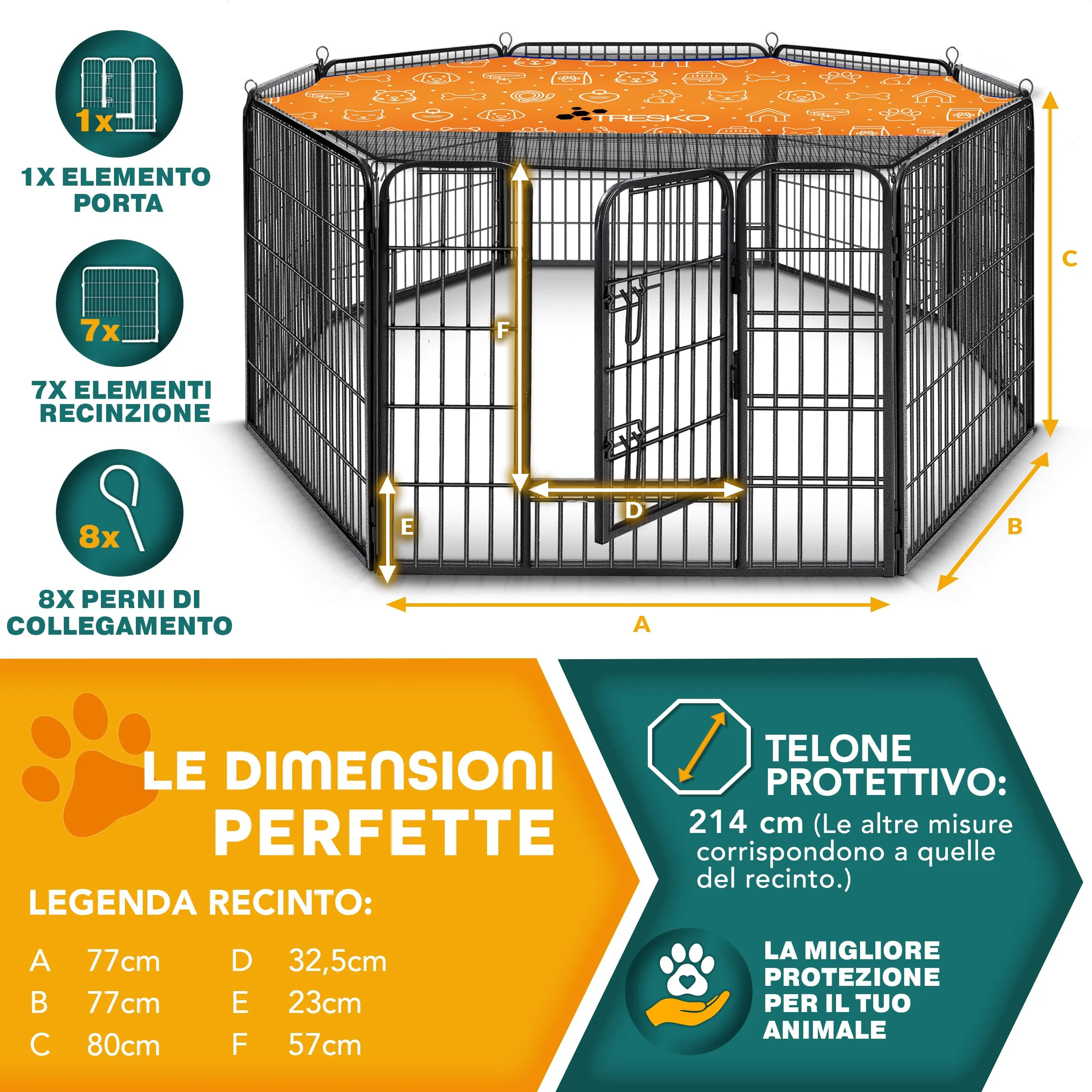 TRESKO Recinzione per Cani e Cuccioli in Metallo, 80 cm, 8 Elementi con Picchetti - immagine 5