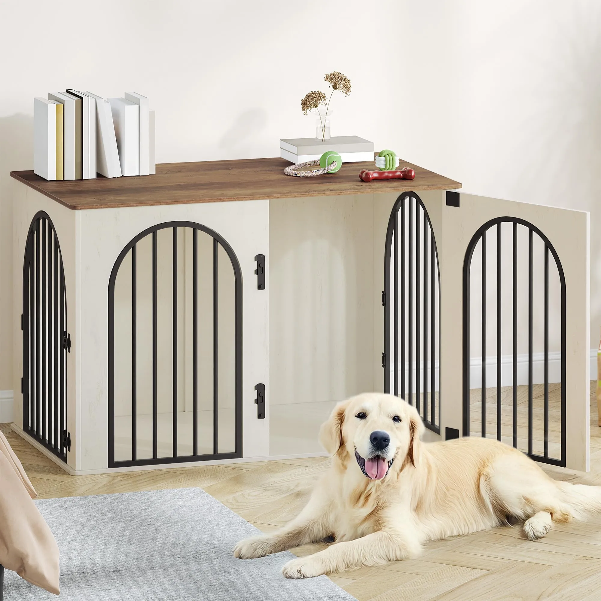 Hzuaneri Gabbia per Cani con Tavolo Supplemento, Cuccia Moderna Interna a 3 Porte, 64 x 108 x 76 cm, Bianco e Marrone DFC86014B - immagine 1