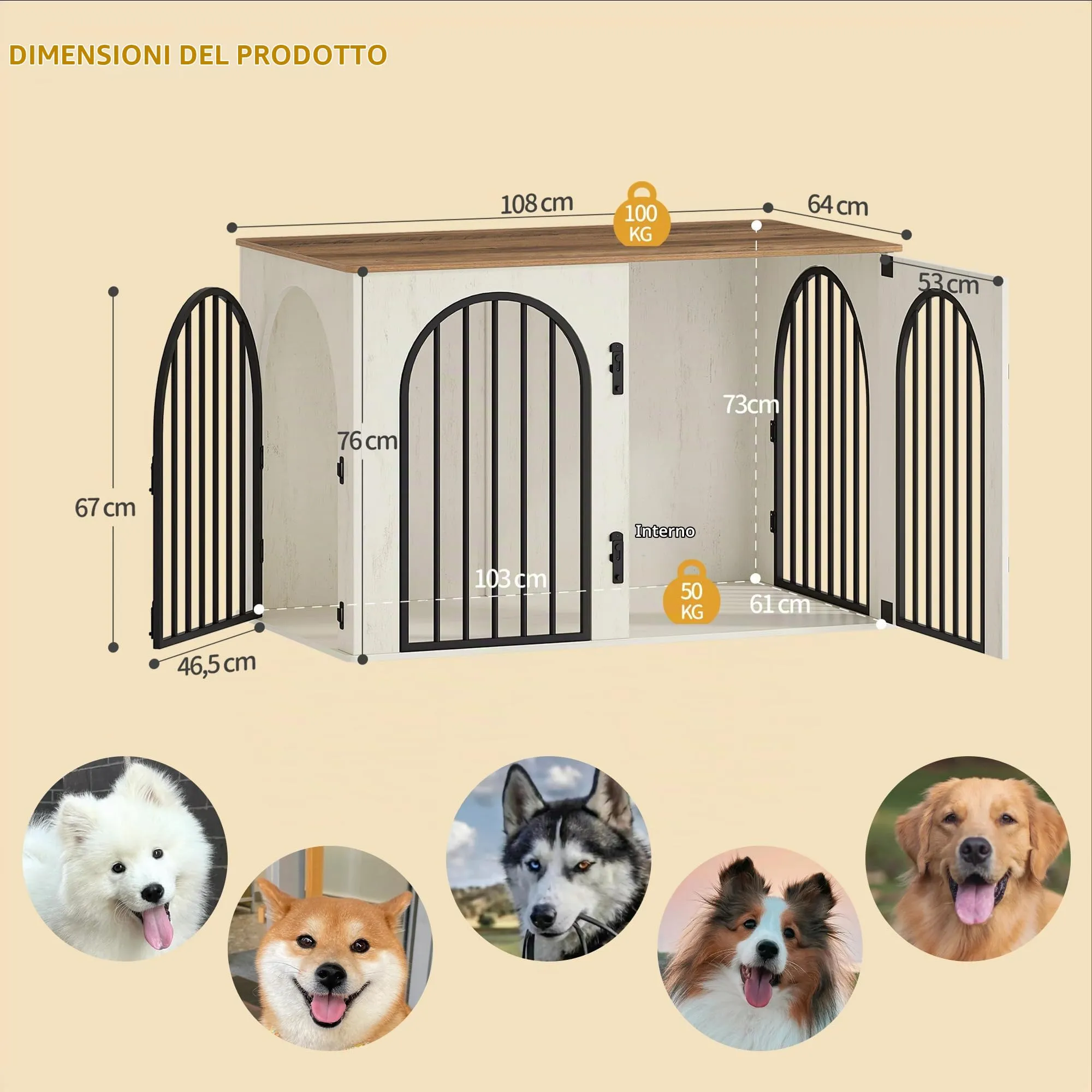 Hzuaneri Gabbia per Cani con Tavolo Supplemento, Cuccia Moderna Interna a 3 Porte, 64 x 108 x 76 cm, Bianco e Marrone DFC86014B - immagine 2