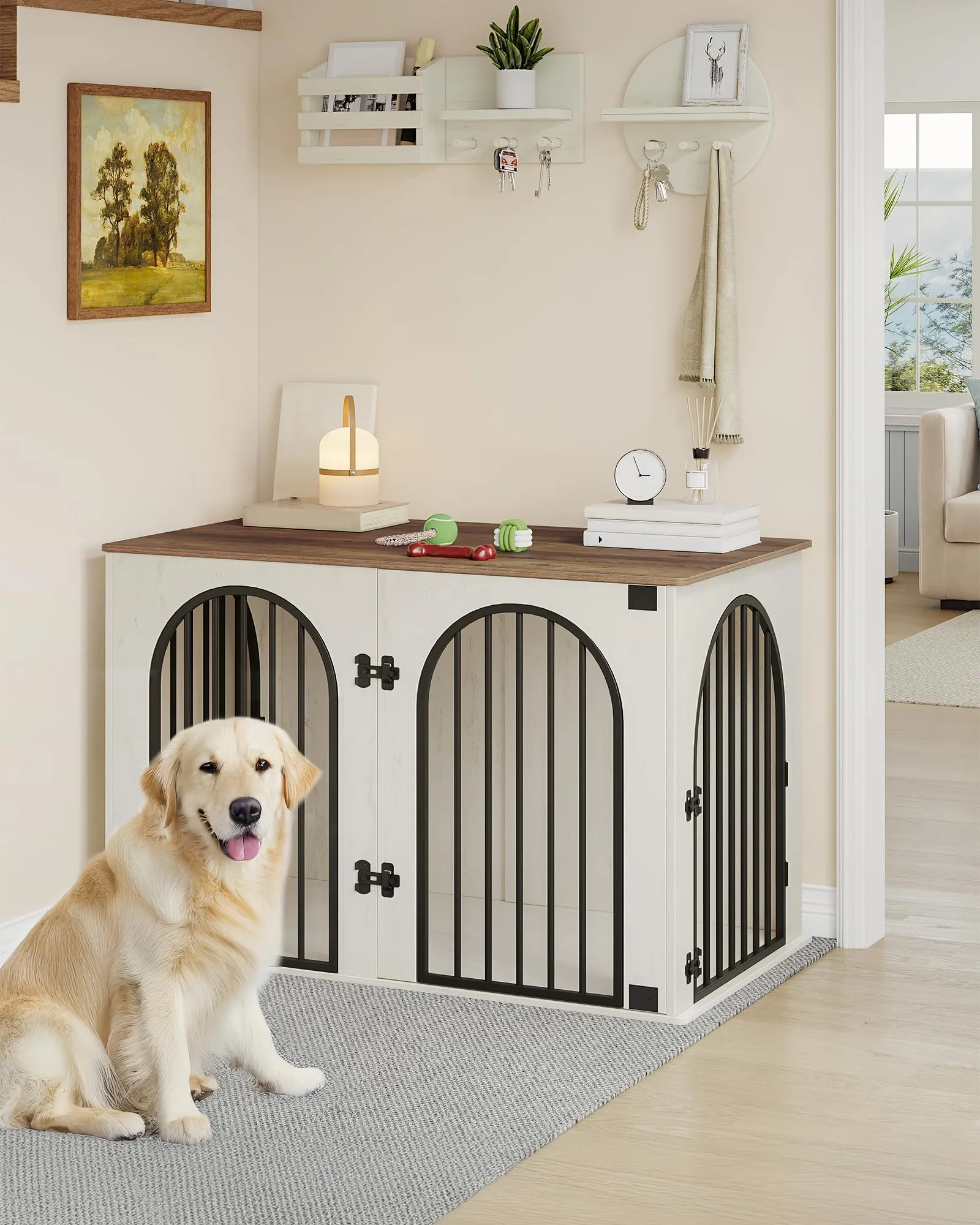 Hzuaneri Gabbia per Cani con Tavolo Supplemento, Cuccia Moderna Interna a 3 Porte, 64 x 108 x 76 cm, Bianco e Marrone DFC86014B - immagine 3