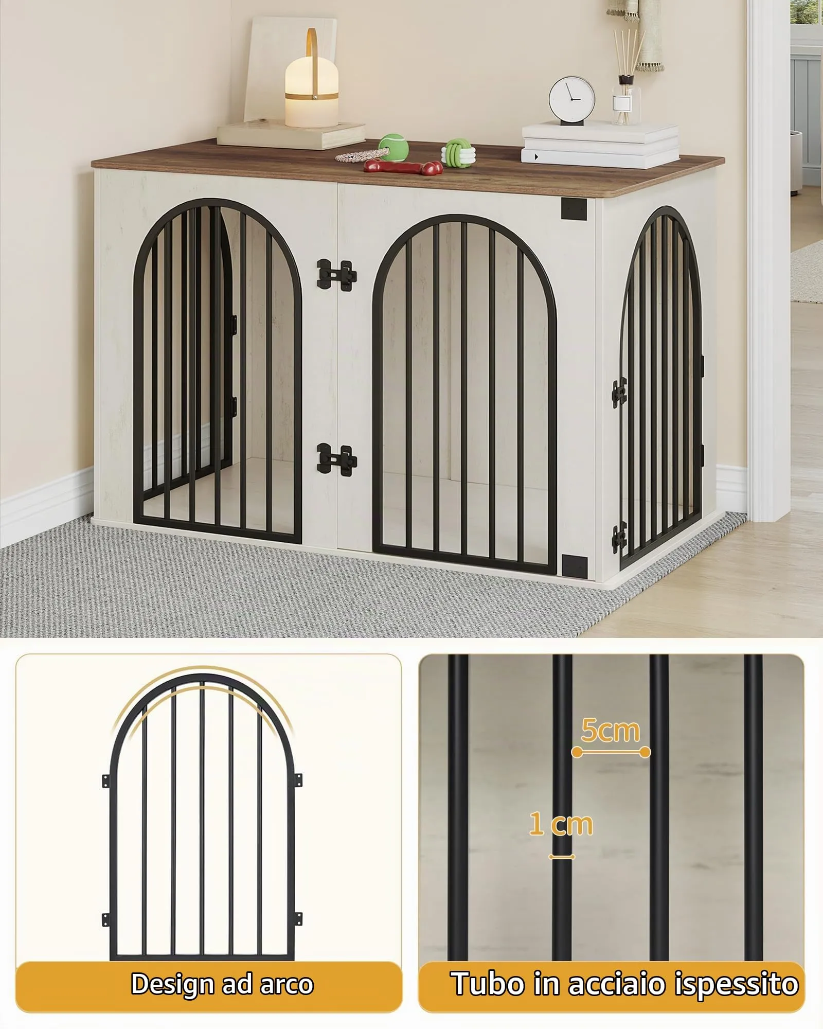 Hzuaneri Gabbia per Cani con Tavolo Supplemento, Cuccia Moderna Interna a 3 Porte, 64 x 108 x 76 cm, Bianco e Marrone DFC86014B - immagine 4