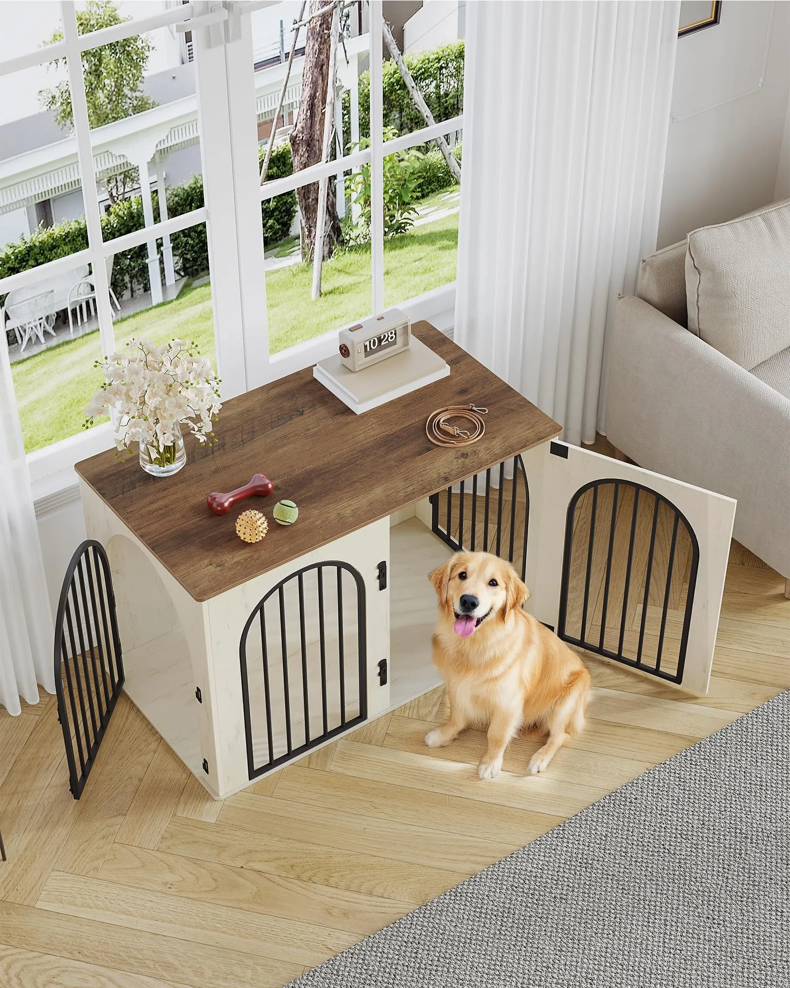 Hzuaneri Gabbia per Cani con Tavolo Supplemento, Cuccia Moderna Interna a 3 Porte, 64 x 108 x 76 cm, Bianco e Marrone DFC86014B - immagine 6