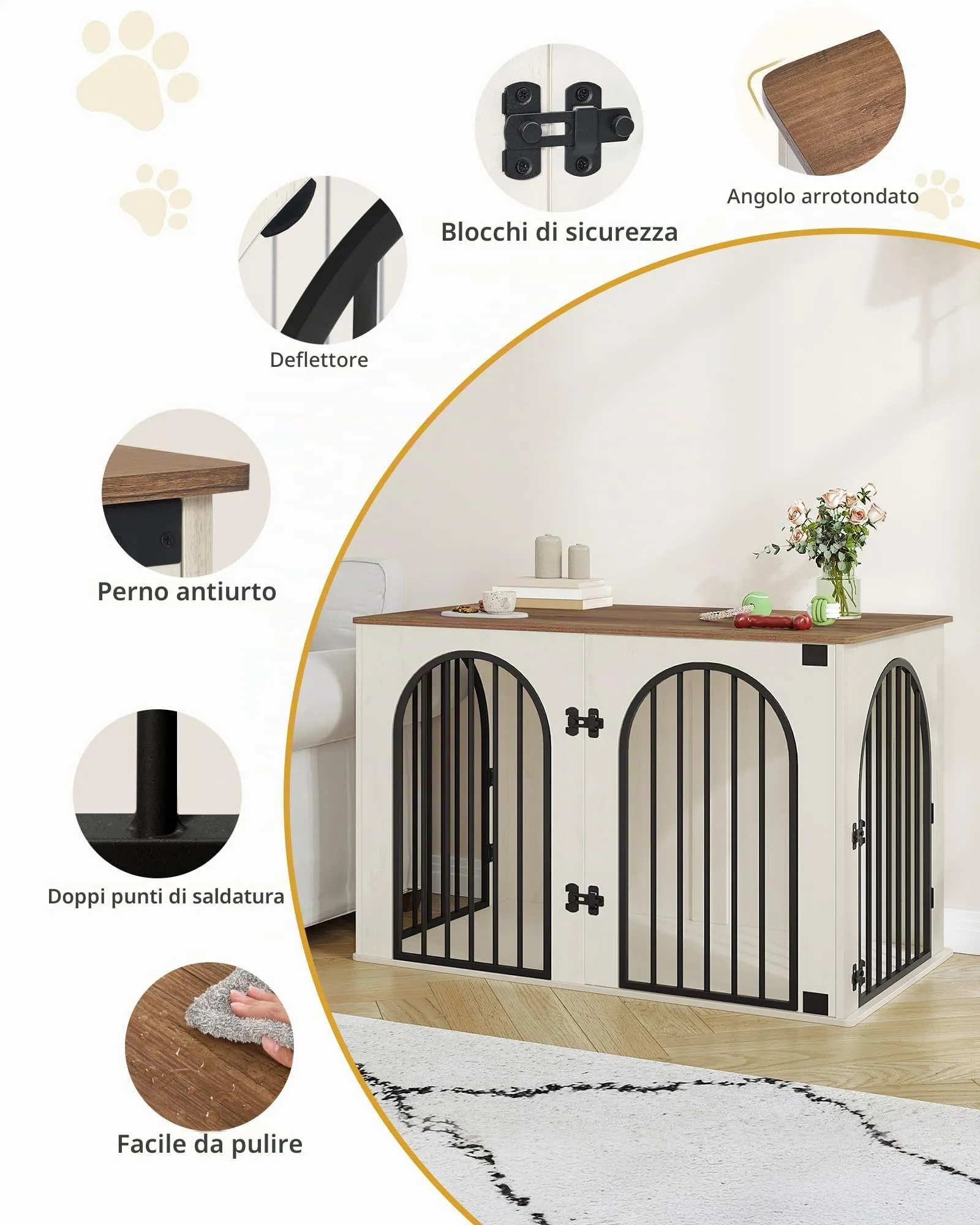 Hzuaneri Gabbia per Cani con Tavolo Supplemento, Cuccia Moderna Interna a 3 Porte, 64 x 108 x 76 cm, Bianco e Marrone DFC86014B - immagine 8