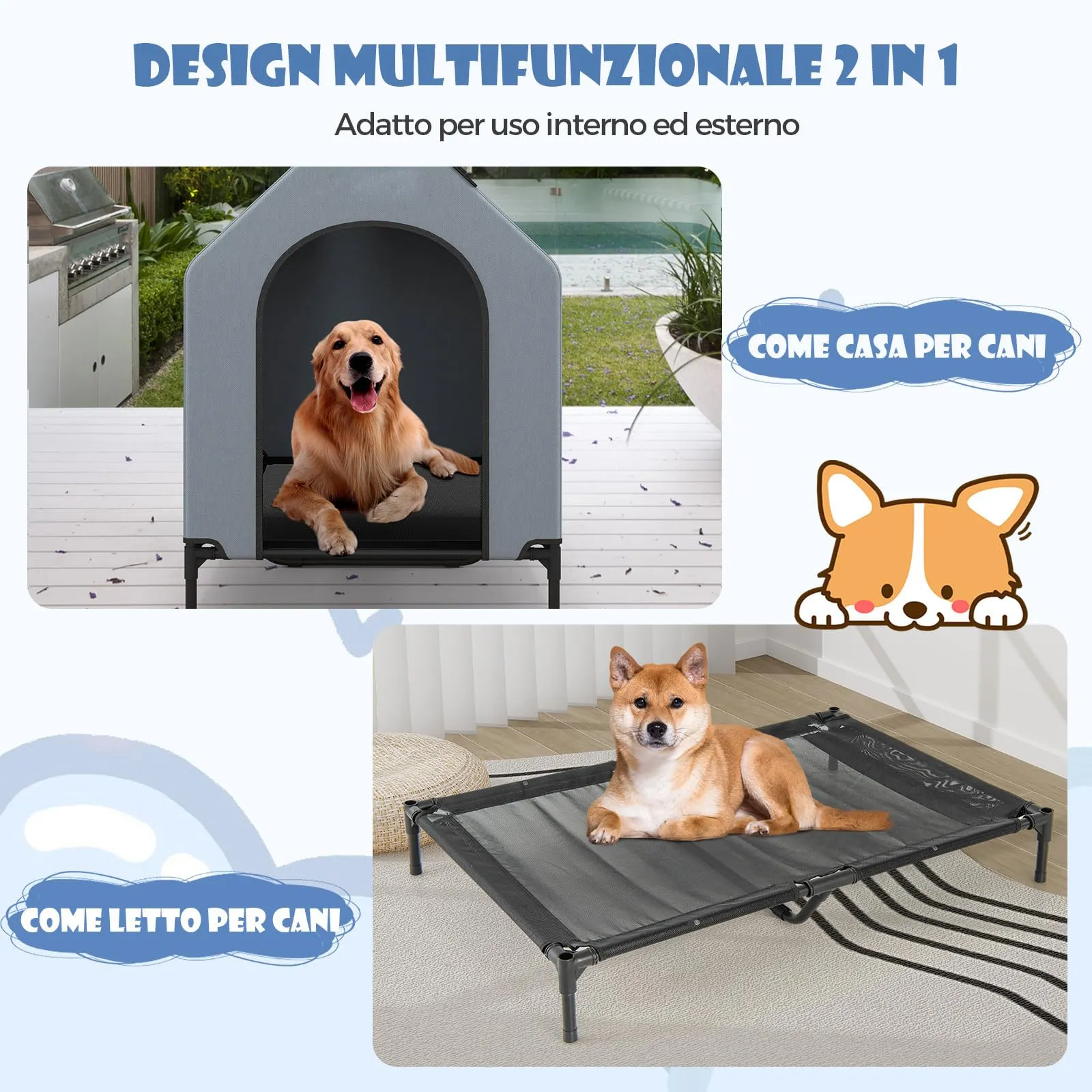 Costway Casetta per Cani, Letto Rialzato con Copertura Rimovibile Impermeabile e Finestre Ventilate, Interno ed Esterno (75 x 110 x 106 cm) - immagine 2