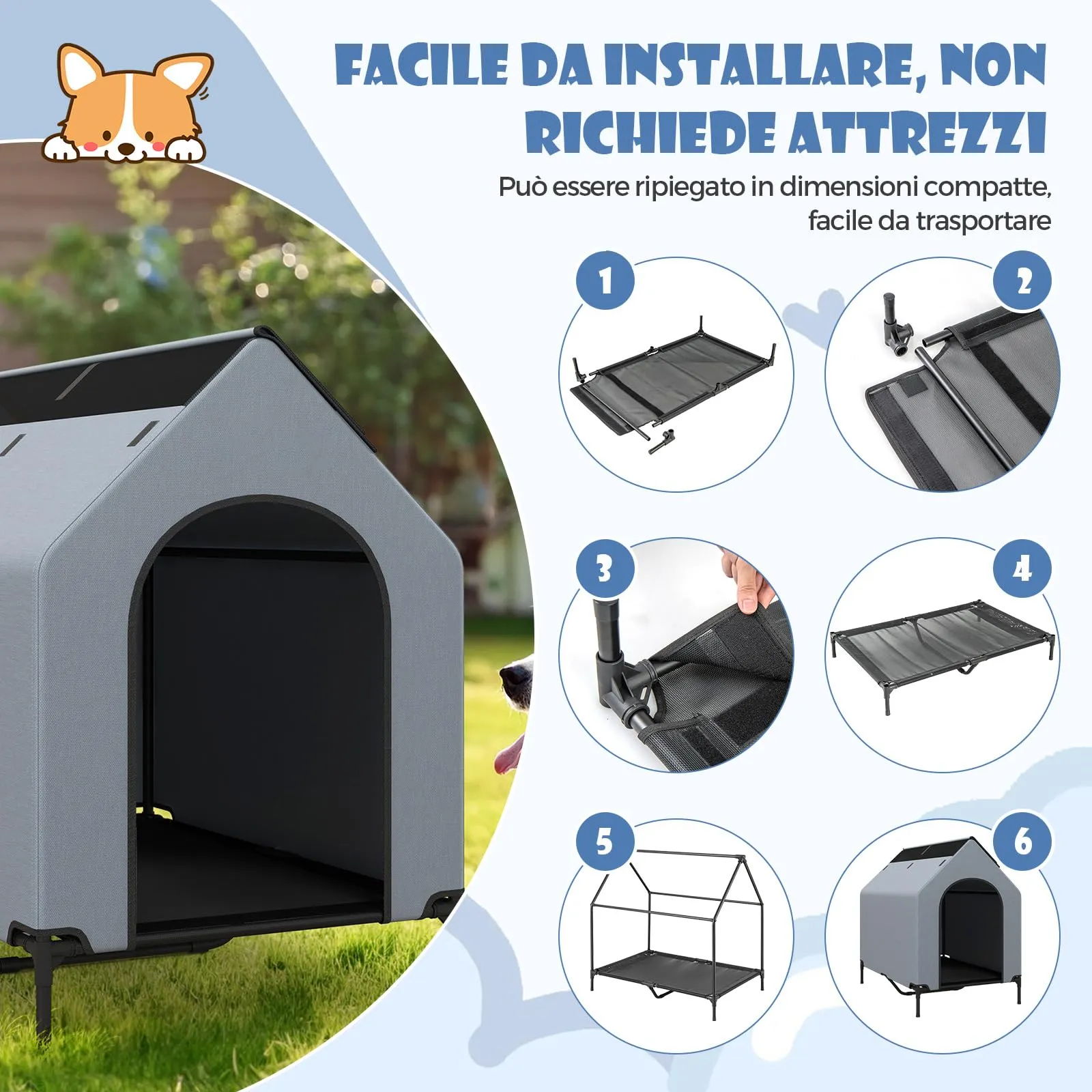 Costway Casetta per Cani, Letto Rialzato con Copertura Rimovibile Impermeabile e Finestre Ventilate, Interno ed Esterno (75 x 110 x 106 cm) - immagine 6