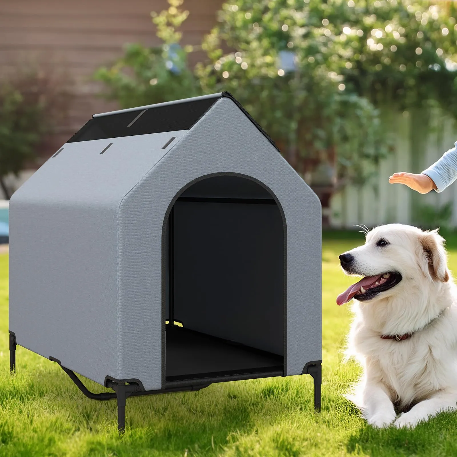 Costway Casetta per Cani, Letto Rialzato con Copertura Rimovibile Impermeabile e Finestre Ventilate, Interno ed Esterno (75 x 110 x 106 cm) - immagine 9