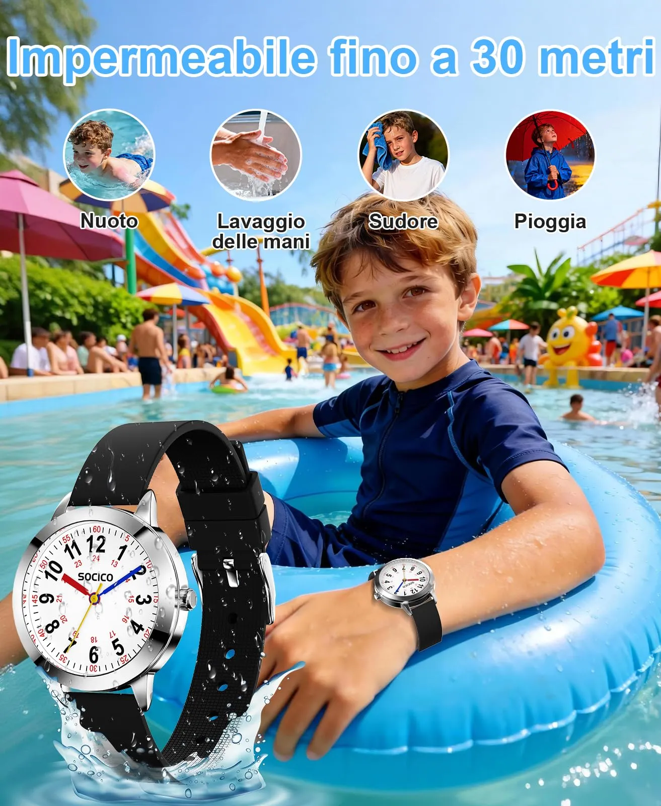 SOCICO Orologio analogico impermeabile 30M per bambini con cinturino soft - immagine 2