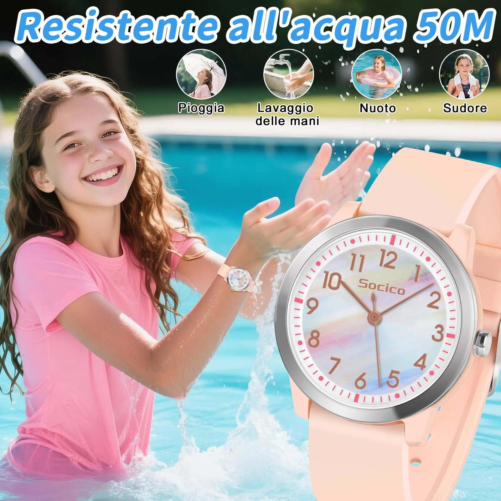 SOCICO Orologio Analogico Impermeabile 50M per Bambini e Ragazze 8-18 anni - immagine 2