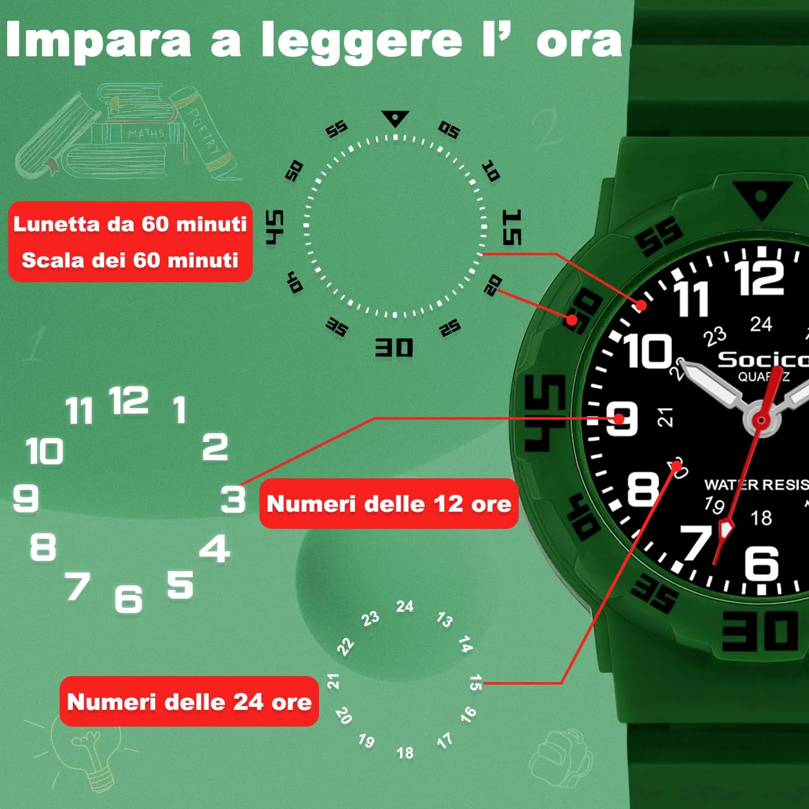 SOCICO Orologio Analogico per Bambini 30M Impermeabile con Cinturino Soft - immagine 2