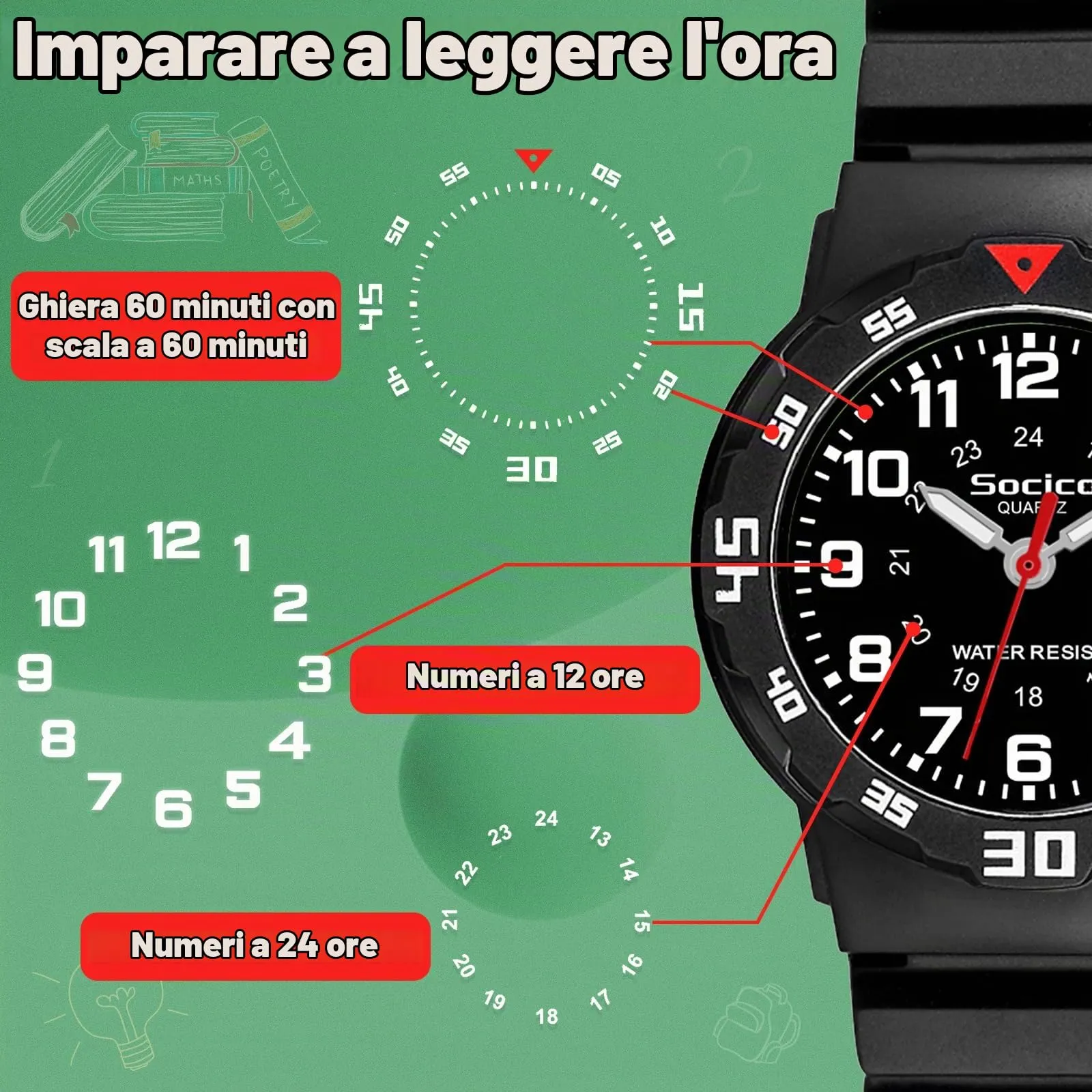 SOCICO Orologio analogico per bambini, impermeabile 30M, cinturino soft - immagine 2