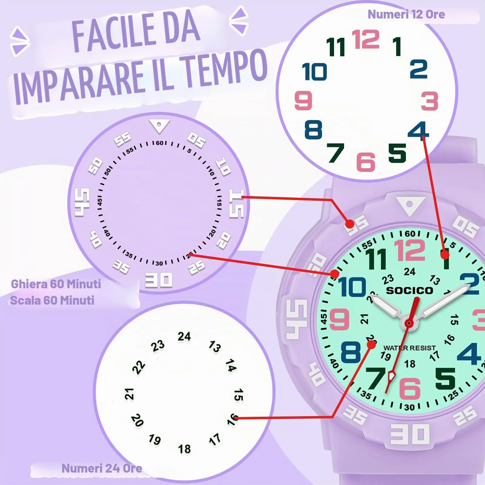 SOCICO Orologio Analogico per Bambini, Quarzo, Impermeabile 5 ATM, Lila416 - immagine 2