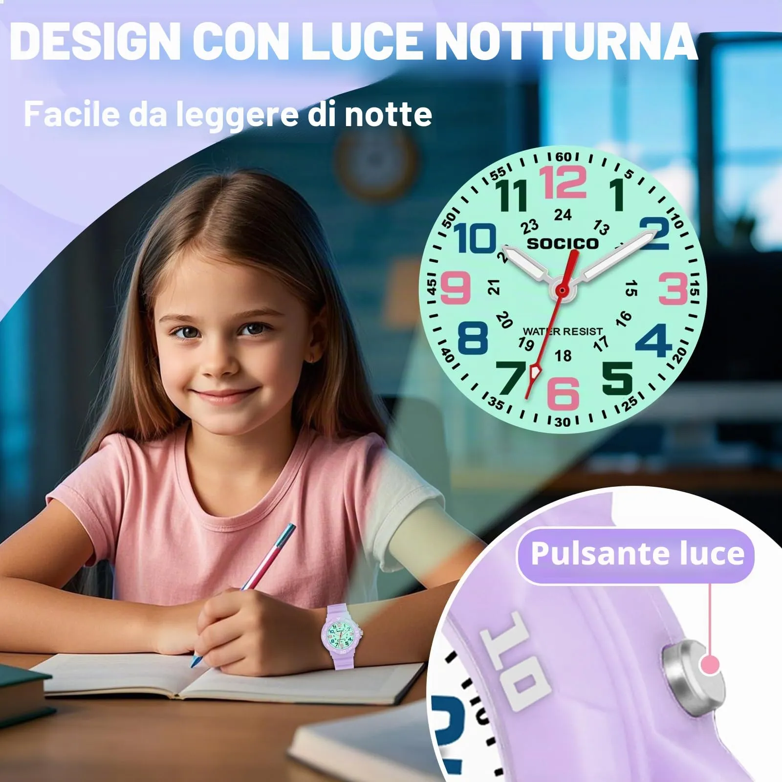 SOCICO Orologio Analogico per Bambini, Quarzo, Impermeabile 5 ATM, Lila416 - immagine 3